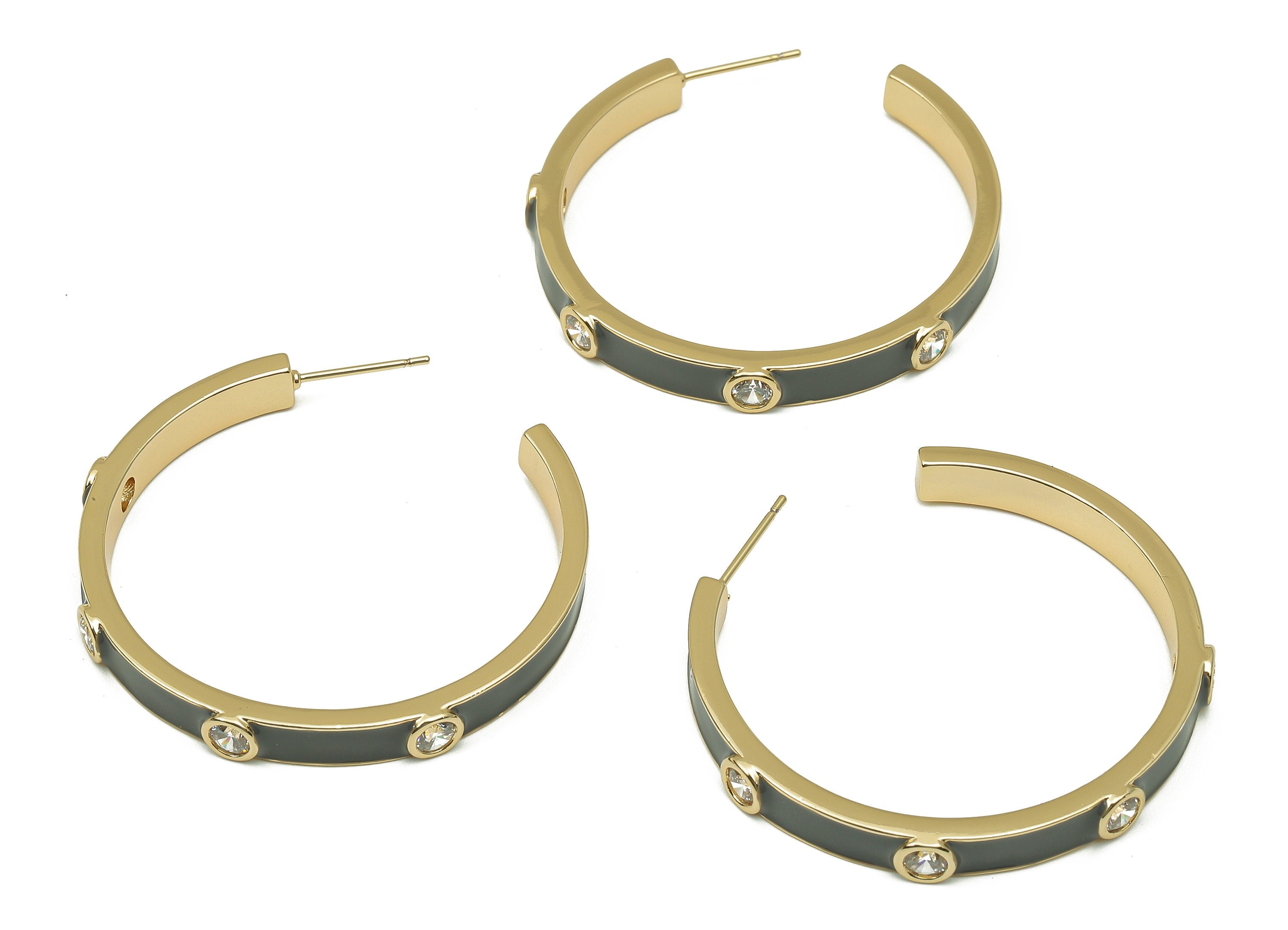 Brass Thick Hoop Stud Earrings - Di You Gray Zircon Earring Post - 316 Stainless Steel - 18K Real Gold Plating - 43.1x43.9x2.4mm - RGP5759 - DOMEDBAZAAR