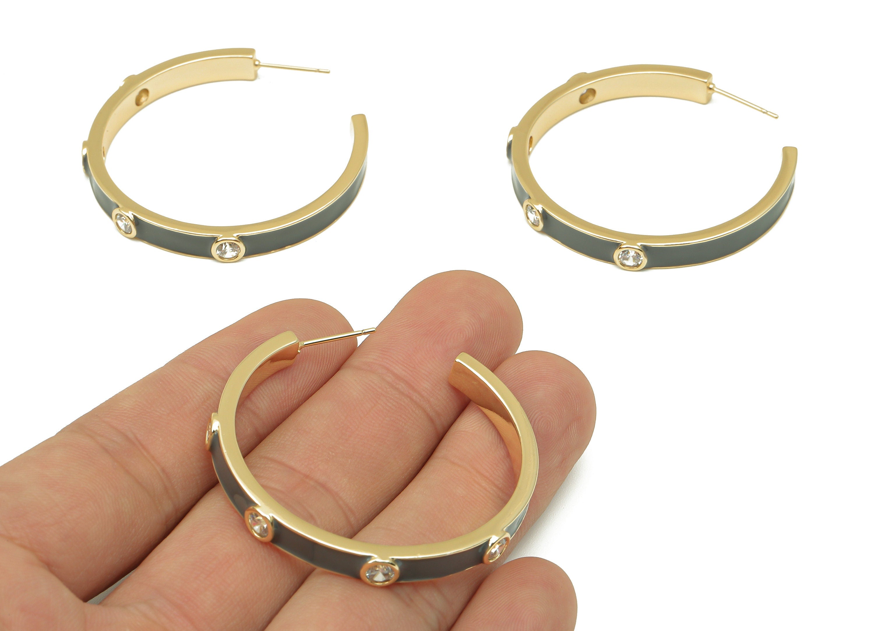 Brass Thick Hoop Stud Earrings - Di You Gray Zircon Earring Post - 316 Stainless Steel - 18K Real Gold Plating - 43.1x43.9x2.4mm - RGP5759 - DOMEDBAZAAR