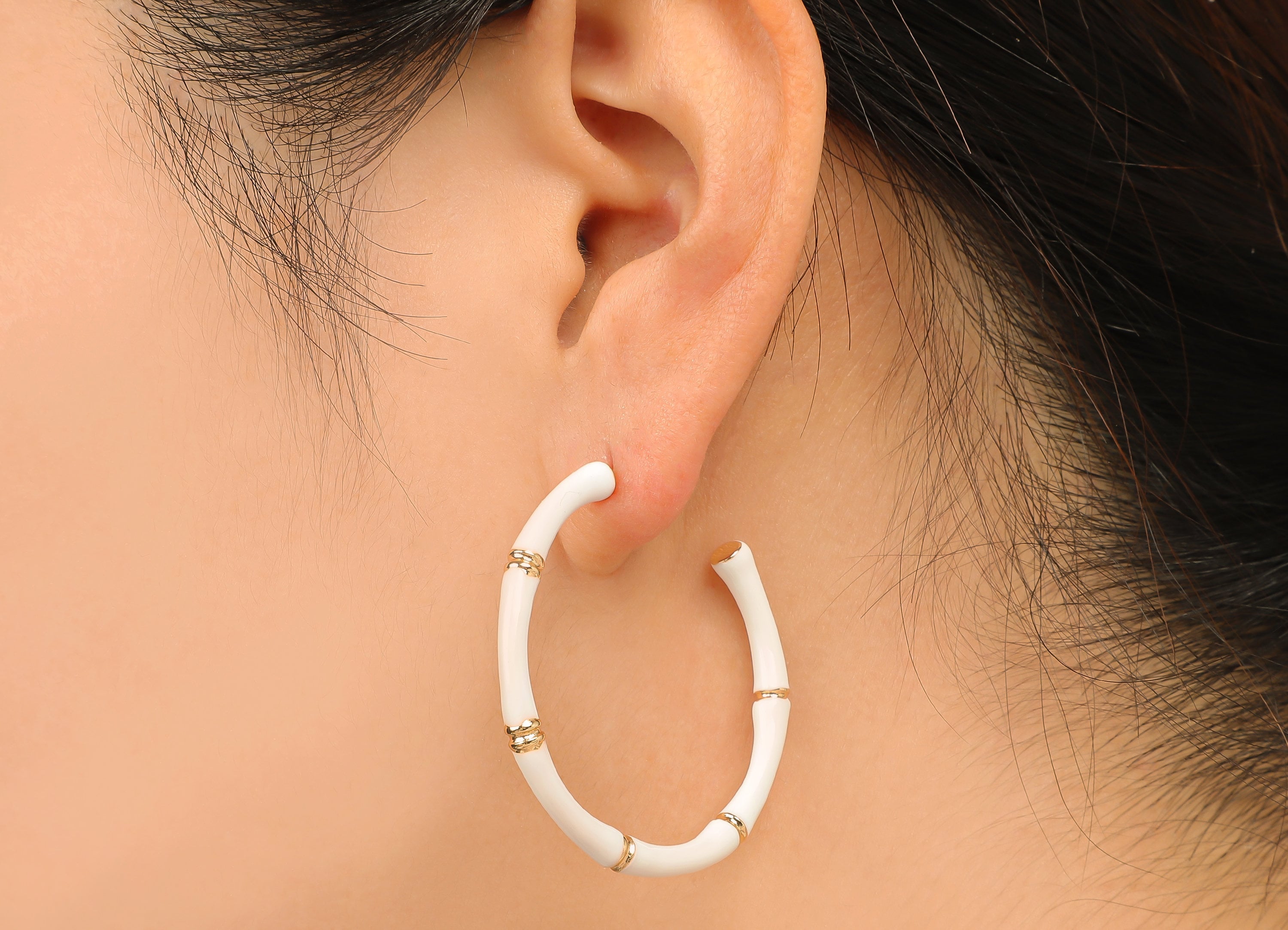 Brass Thick Hoop Stud Earrings - Di You White Bamboo Earring Post - 316 Stainless Steel - 18K Real Gold Plating - 41.4x44.1x3.8mm - RGP5758 - DOMEDBAZAAR