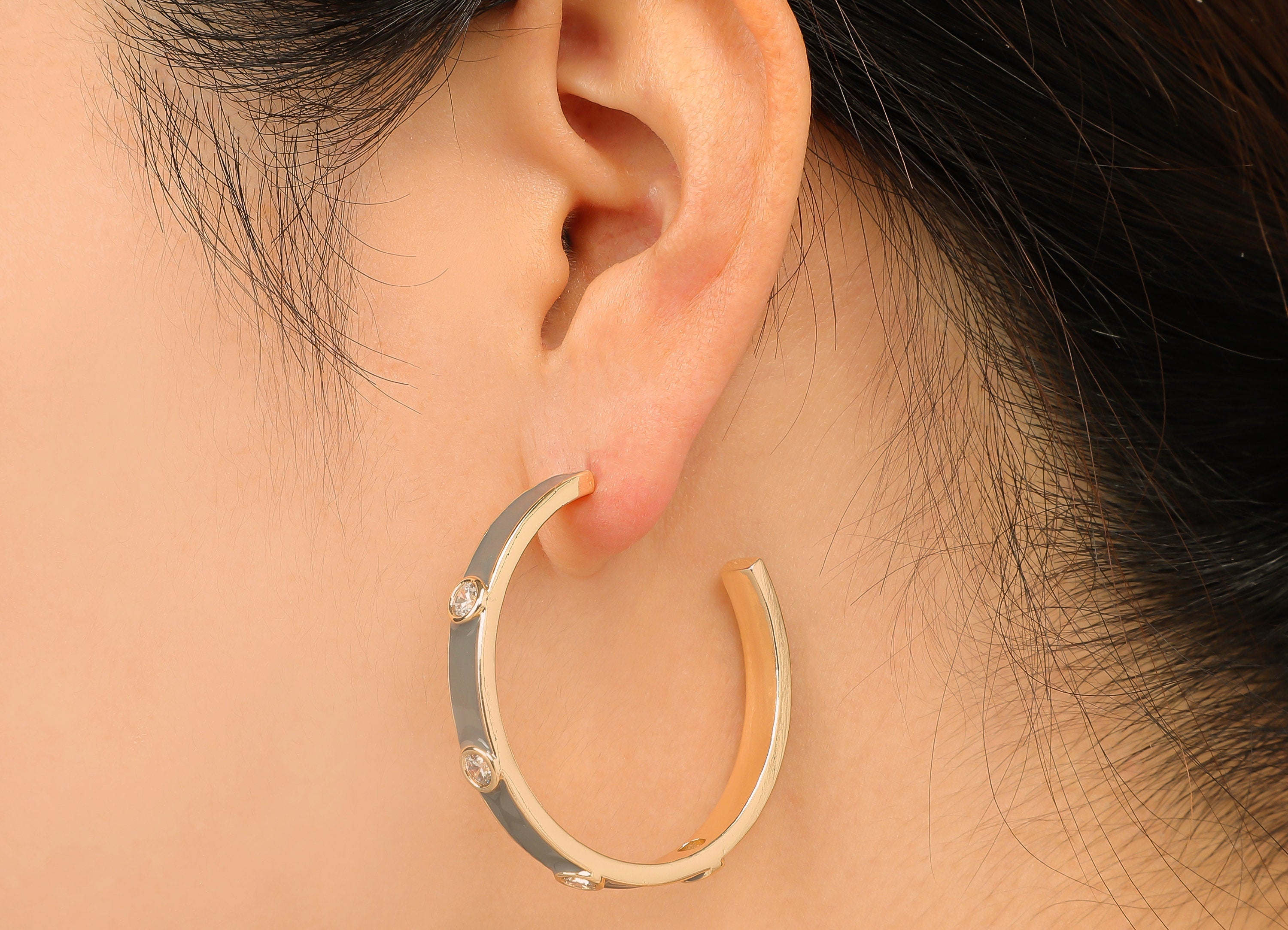 Brass Thick Hoop Stud Earrings - Di You Gray Zircon Earring Post - 316 Stainless Steel - 18K Real Gold Plating - 43.1x43.9x2.4mm - RGP5759 - DOMEDBAZAAR