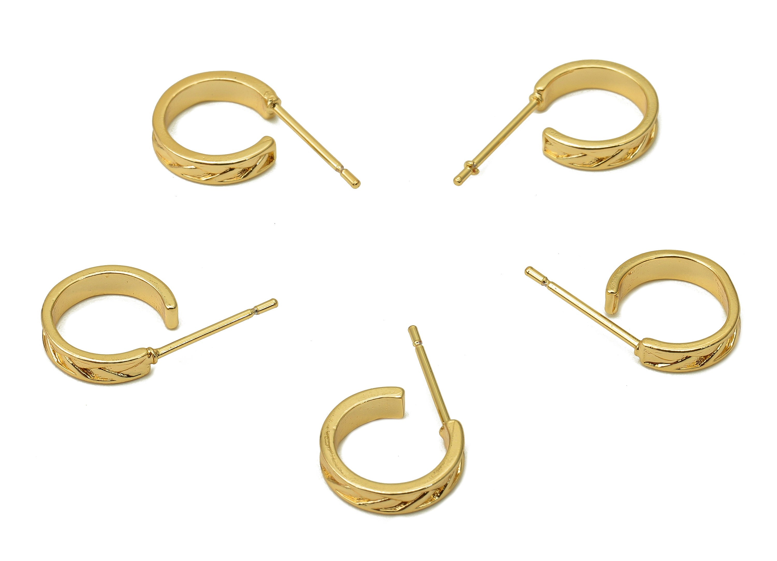 Brass Mini Huggie C Stud Earrings - Textured Earring Post - 316 Stainless Steel Stud - 18K Real Gold Plating - 18.3x11.5x1.3mm - RGP5603 - DOMEDBAZAAR