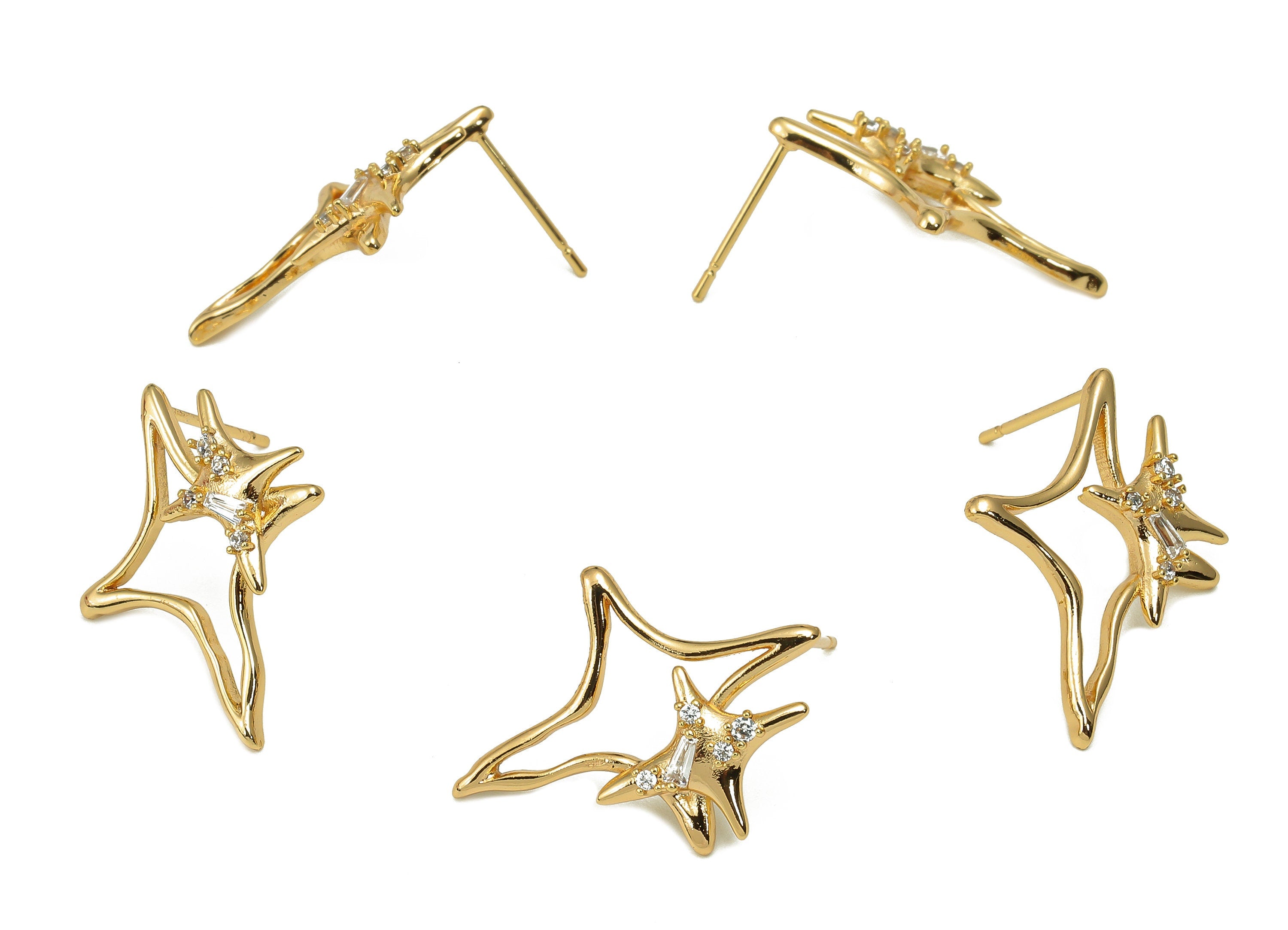 Brass Zircon Planet Earring Post - Gold North Star Stud Earring - 316 Stainless Steel Stud - 18K Real Gold Plating - 24.6x19x3.3mm - RGP5605 - DOMEDBAZAAR