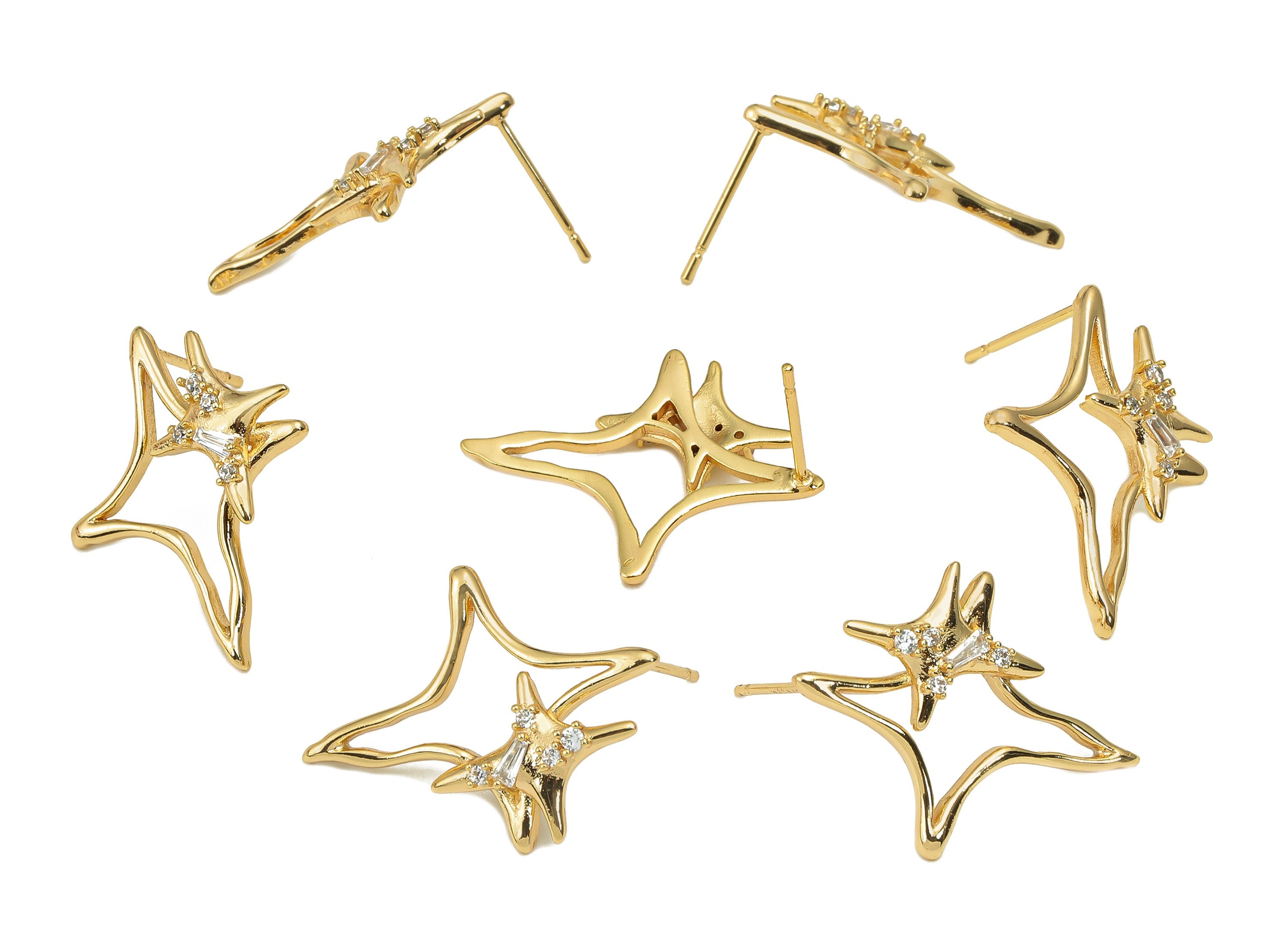 Brass Zircon Planet Earring Post - Gold North Star Stud Earring - 316 Stainless Steel Stud - 18K Real Gold Plating - 24.6x19x3.3mm - RGP5605 - DOMEDBAZAAR