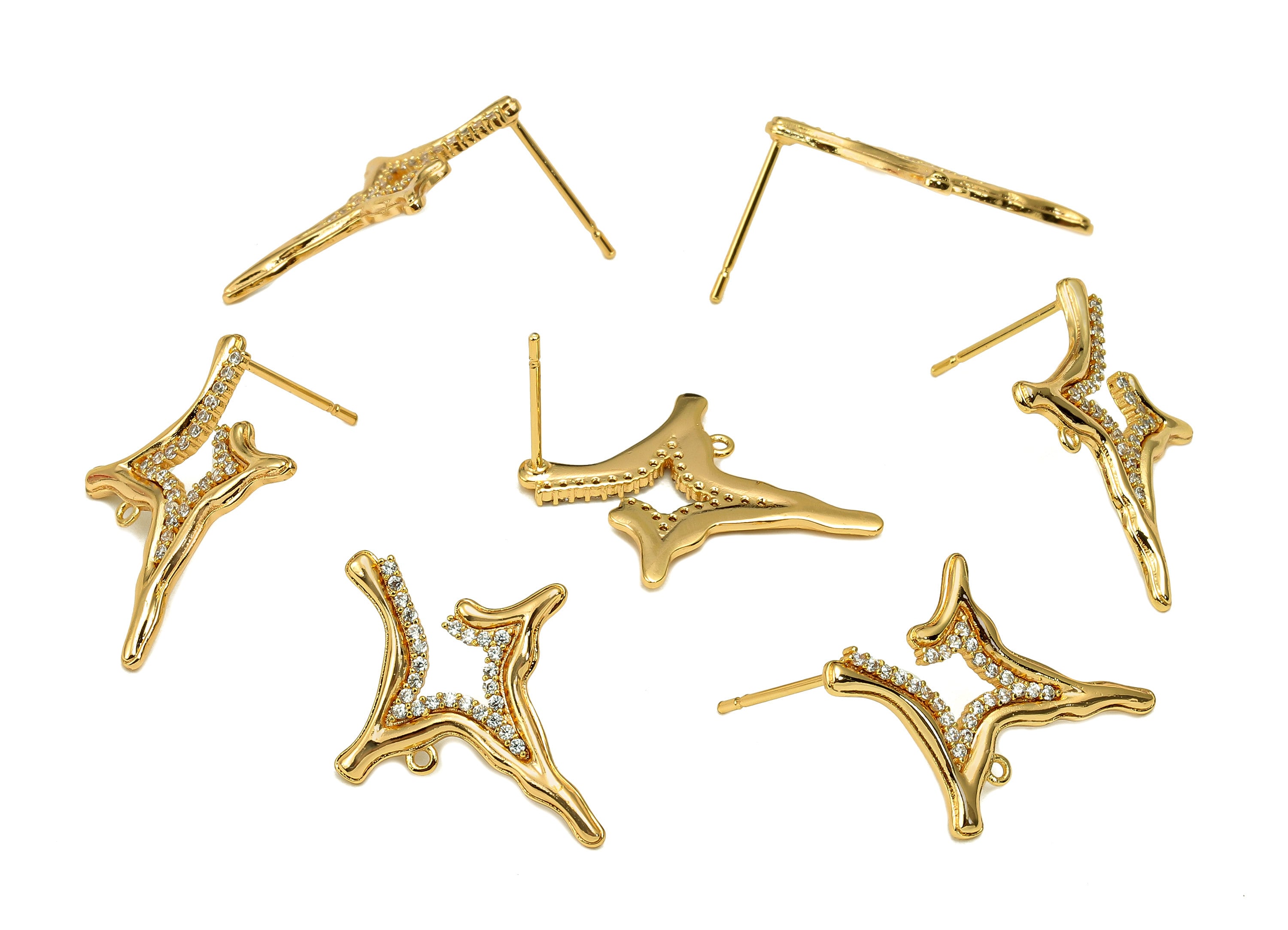 Brass Zircon Planet Earring Post - North Star Stud Earring With Loop - Stainless Steel Stud - 18K Real Gold Plating - 25x19x1.5mm - RGP5606 - DOMEDBAZAAR