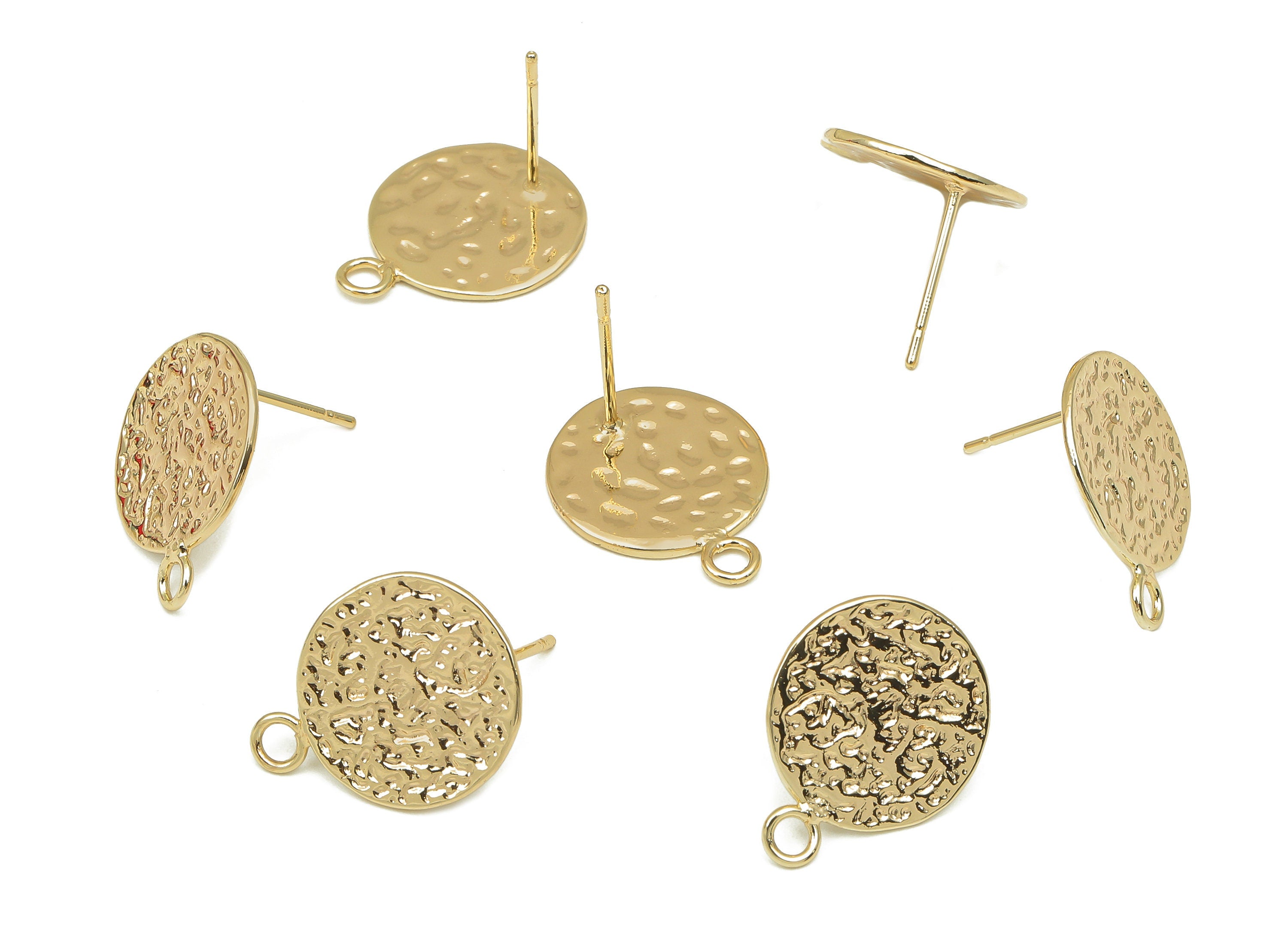 Brass Hammered Round Earring Post - Circle Stud Earring With Loop - 316 Stainless Steel - 18K Real Gold Plating - 17.9x14.2x0.9mm - RGP5760 - DOMEDBAZAAR