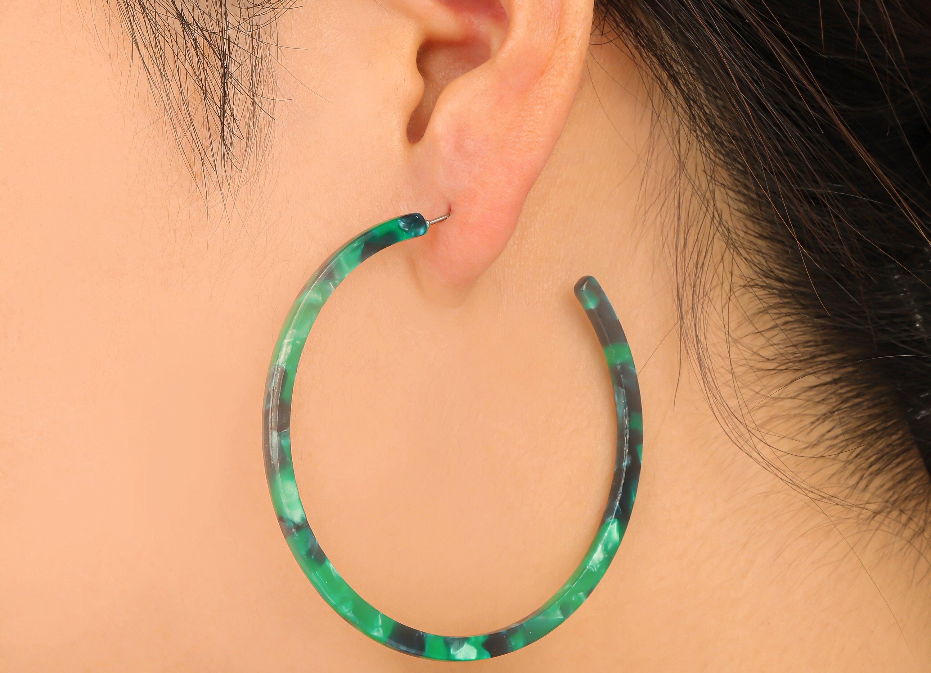 Open Hoop Earrings Stud - 2.5 inch Hoop Earring - Green Acetate Round Earring Post - Open Cirle - Color : A13 - 63.5x63.5x2.8mm - AC1171P - DOMEDBAZAAR