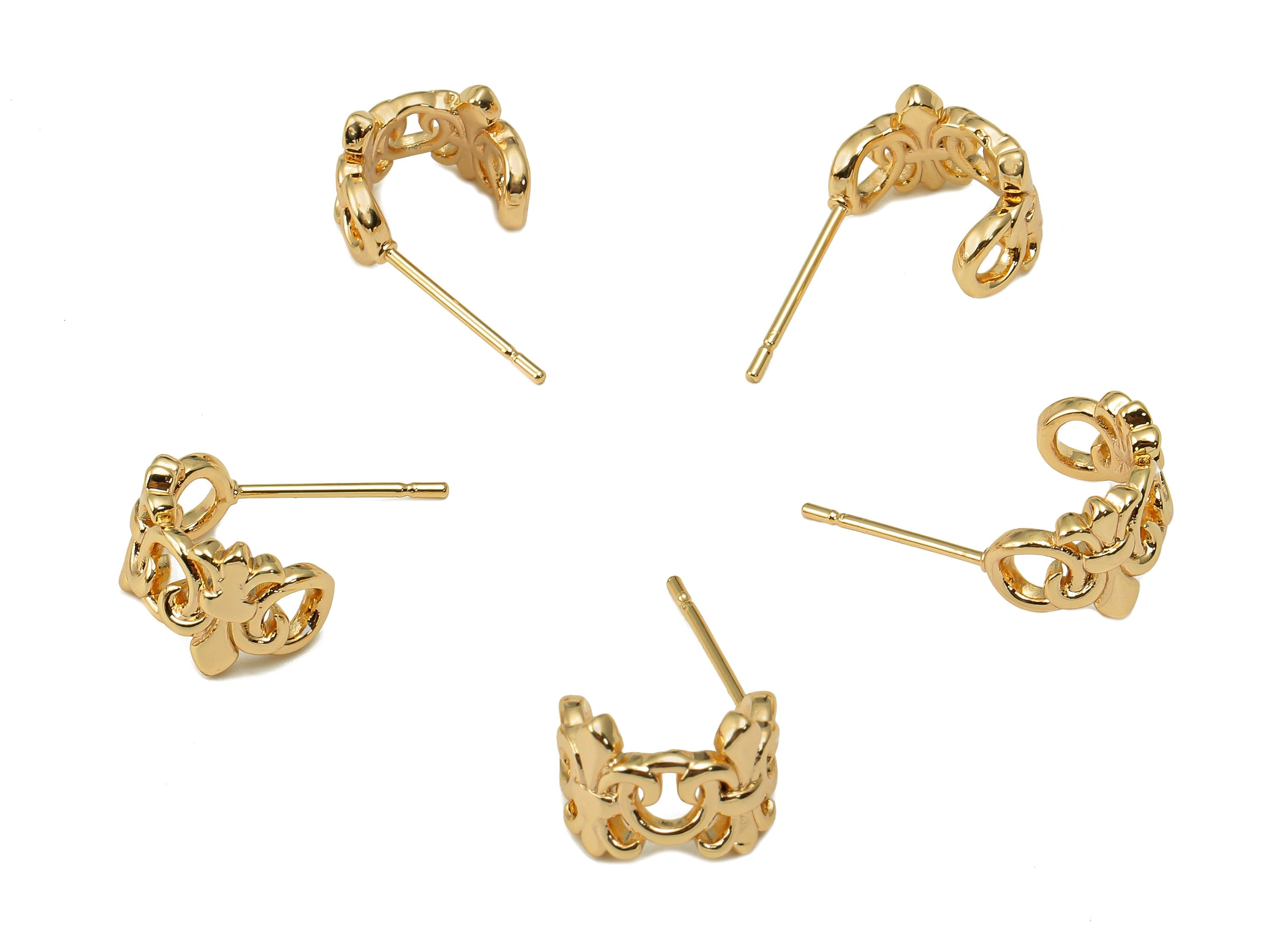 Brass Flower Huggie C Stud Earrings - Coronet Earring Post - 316 Stainless Steel Stud - 18K Real Gold Plating - 19.2x10.6x1.7mm - RGP5608 - DOMEDBAZAAR
