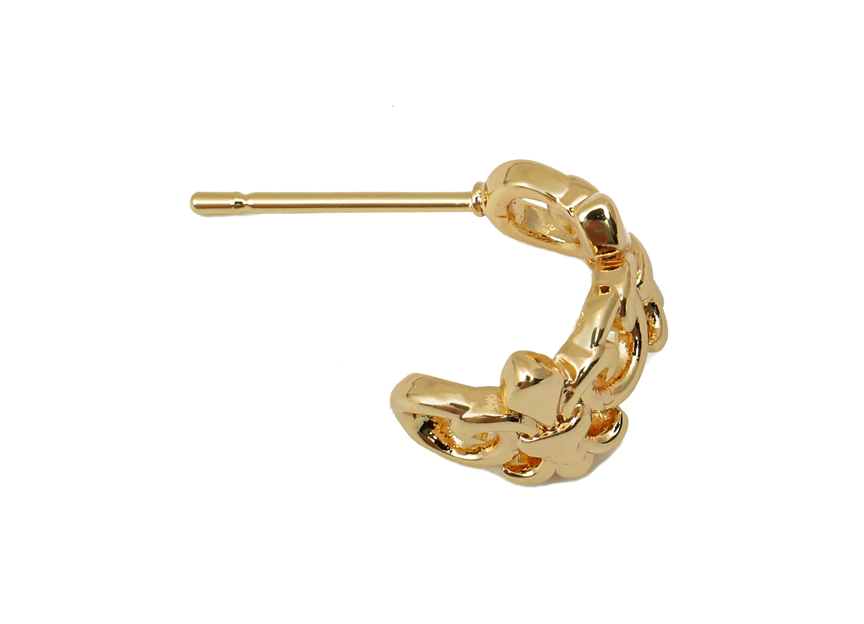 Brass Flower Huggie C Stud Earrings - Coronet Earring Post - 316 Stainless Steel Stud - 18K Real Gold Plating - 19.2x10.6x1.7mm - RGP5608 - DOMEDBAZAAR