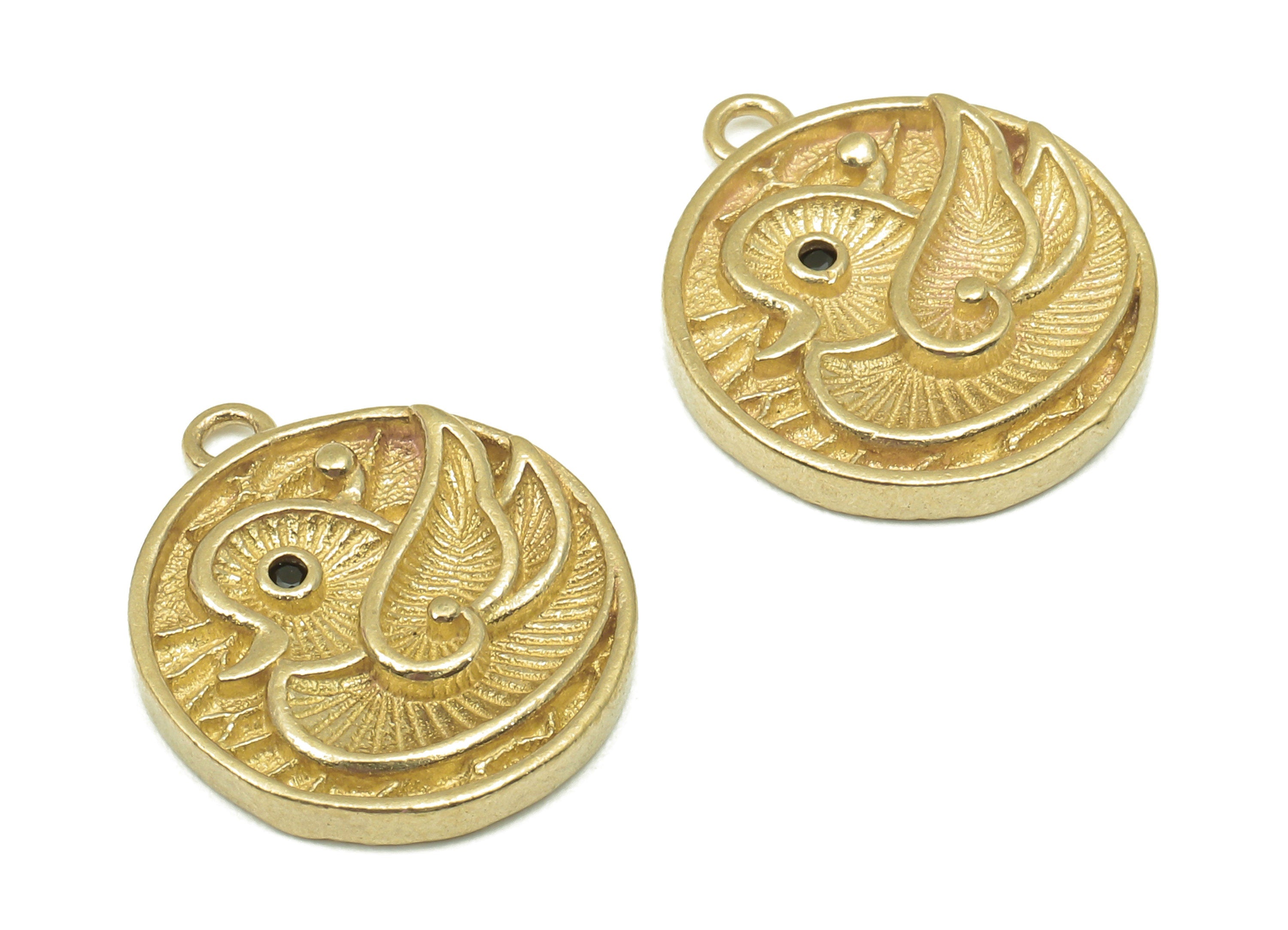 Brass Round Bird Earring Charms - Raw Brass Circle Mandarin Duck Earrings -  Zircon Texured Pendant With Loop - 17.1x14.6x2.6mm - PP8174 - DOMEDBAZAAR