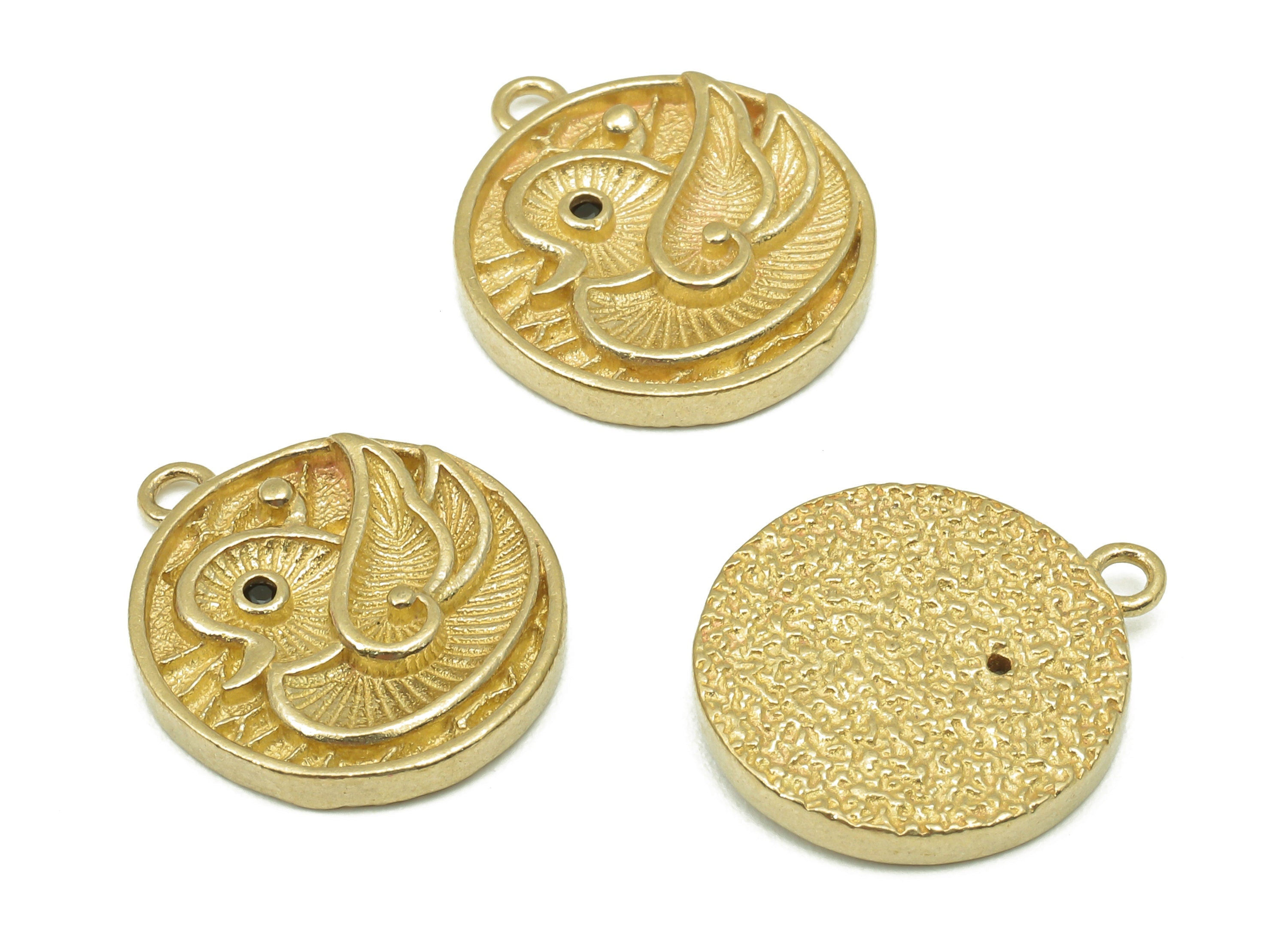 Brass Round Bird Earring Charms - Raw Brass Circle Mandarin Duck Earrings -  Zircon Texured Pendant With Loop - 17.1x14.6x2.6mm - PP8174 - DOMEDBAZAAR