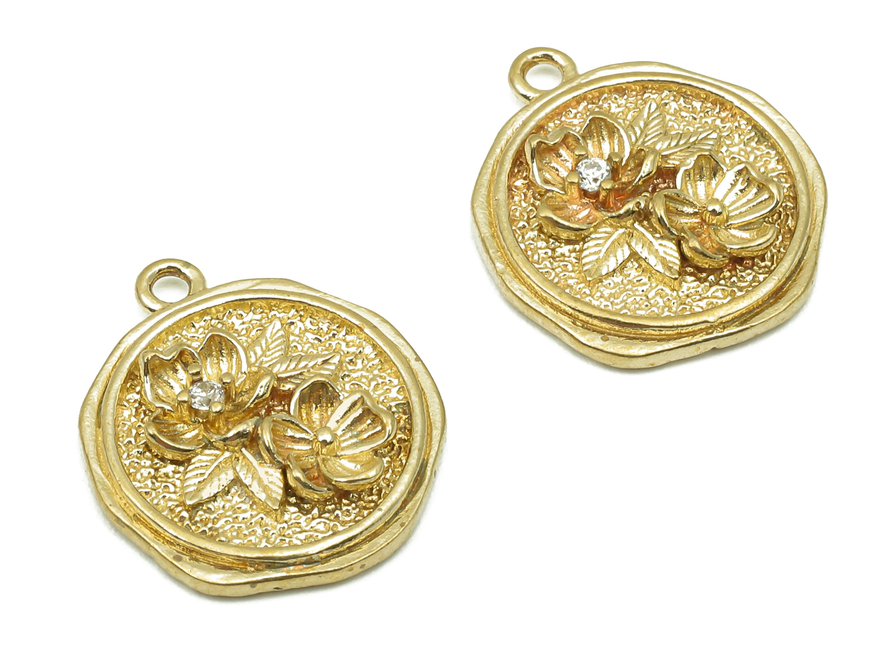 Brass Round Flower Earring Charm - Raw Brass Textured Circle Earring -  Zircon Pendant With Loop - Necklace Charm -  17.1x15.6x2.8mm -PP8176 - DOMEDBAZAAR