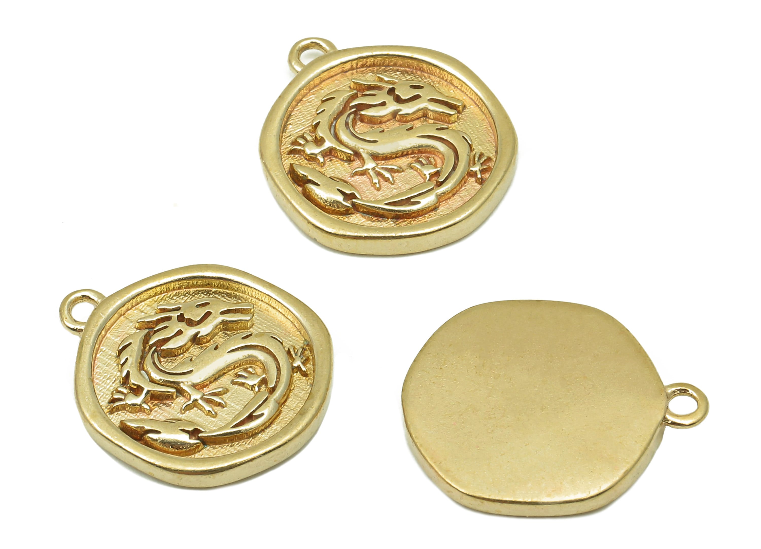 Brass Round Dragon Earring Charms - Raw Brass Circle Dragon Earrings -  Pendant With Loop - Dragon Necklace Charm - 16.1x13.7x1.9mm - PP8177 - DOMEDBAZAAR