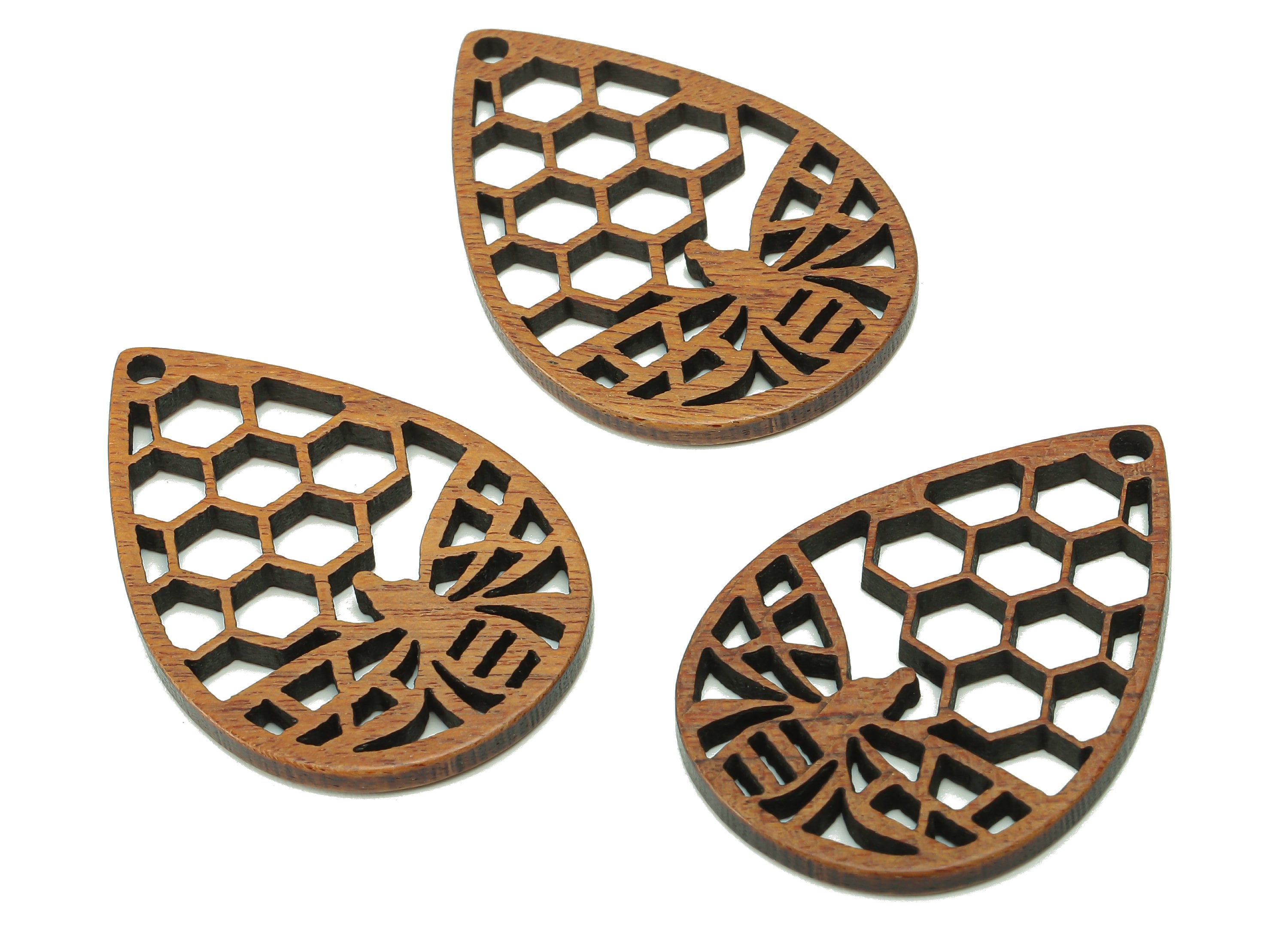 Mahogany Wood Honeycomb Drop Charm - Coffee Color Bee Teardrop Earring - Hollow Pendant With Hole - For Necklace - 36.6x24.7x2.4mm - BB1299 - DOMEDBAZAAR
