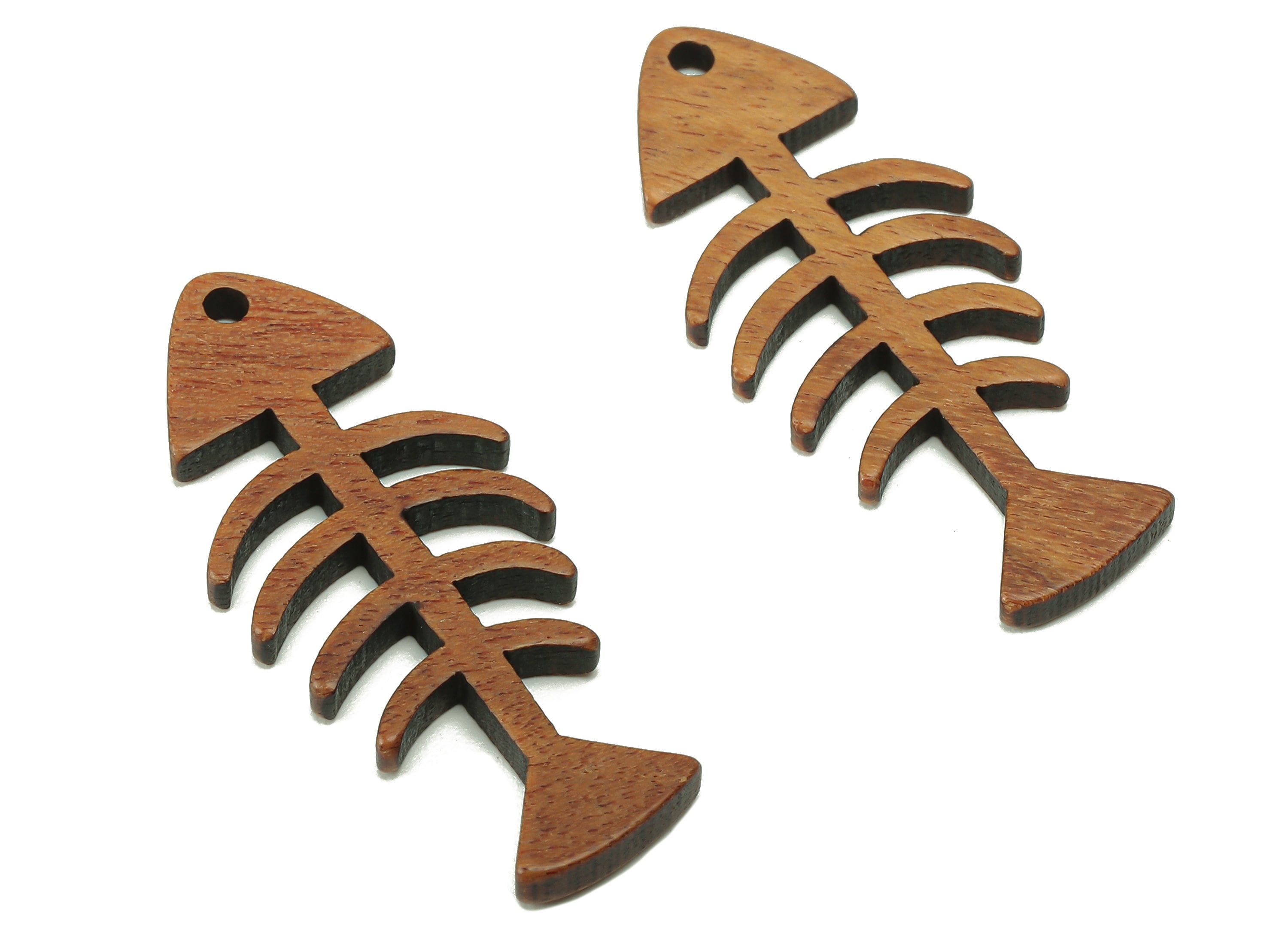 Mahogany Wood Fish Bone Earring Charm - Coffee Color Fish Earring - Hollow Pendant With Hole - Charm For Necklace - 34.8x14.3x2.2mm - BB1300 - DOMEDBAZAAR