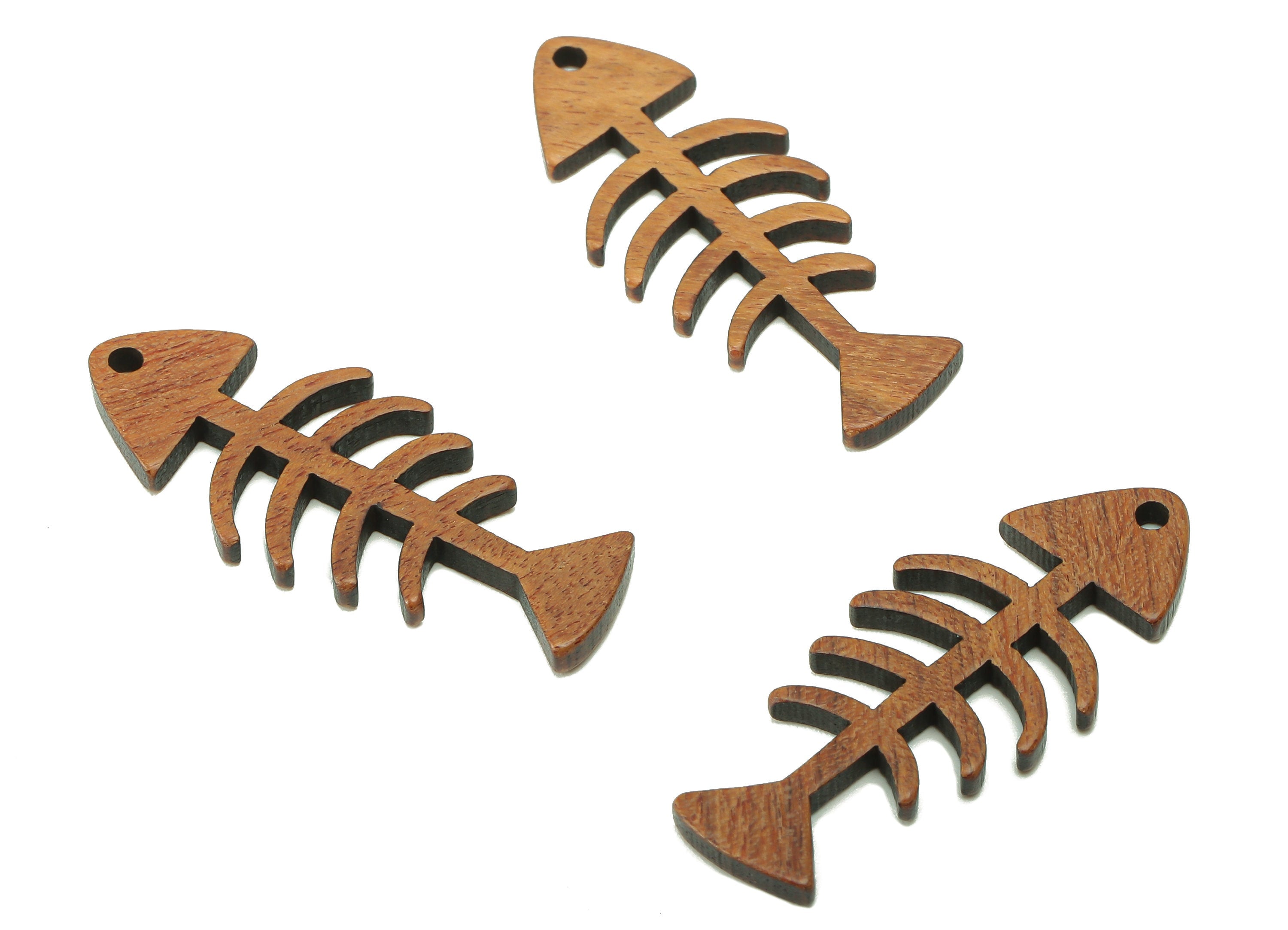 Mahogany Wood Fish Bone Earring Charm - Coffee Color Fish Earring - Hollow Pendant With Hole - Charm For Necklace - 34.8x14.3x2.2mm - BB1300 - DOMEDBAZAAR