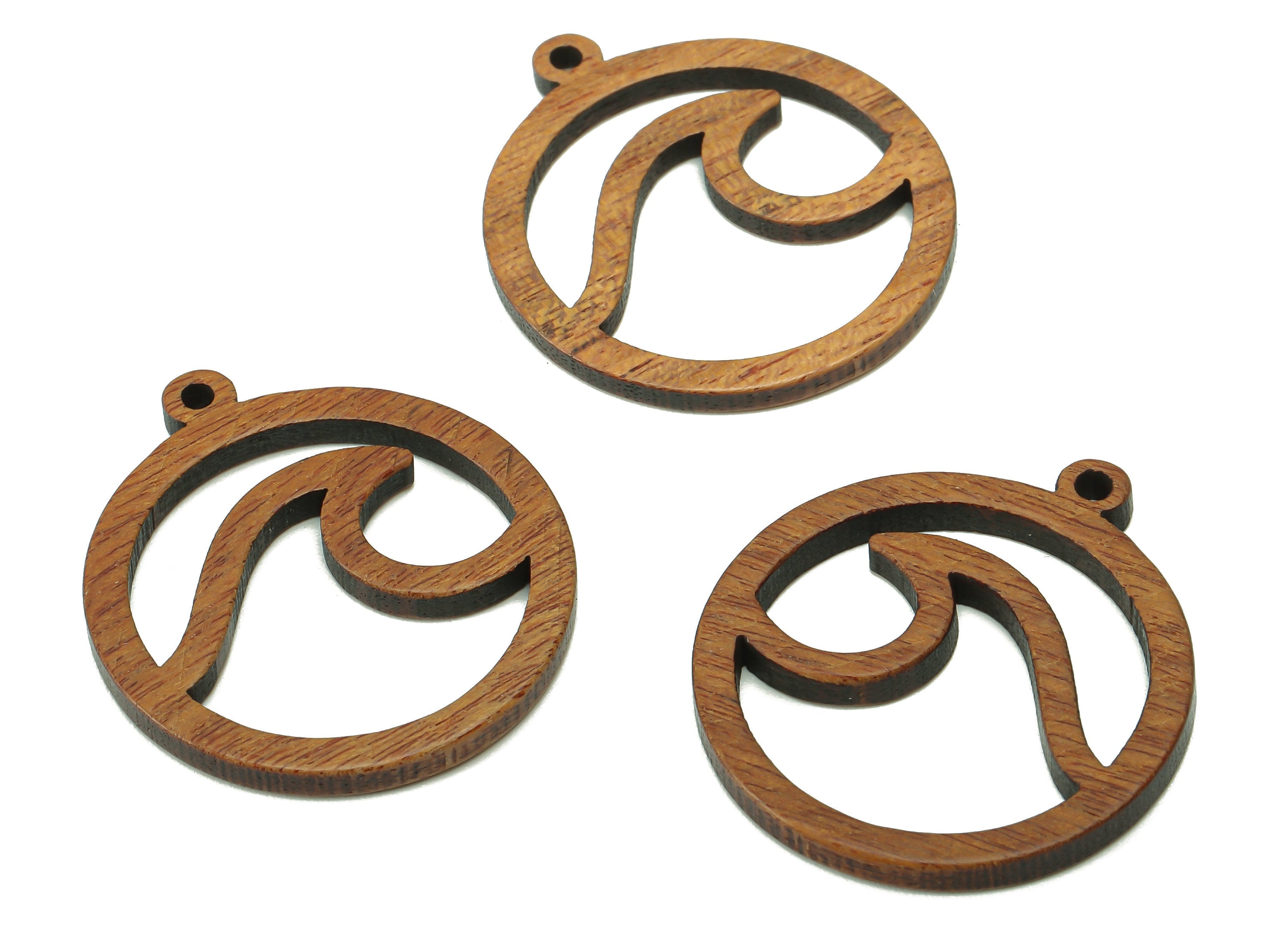 Mahogany Wood Wave Round Charm - Coffee Color Wavy Circle Earring - Hollow Pendant With Loop - For Necklace - 28.1x24.8x2mm - BB1301 - DOMEDBAZAAR