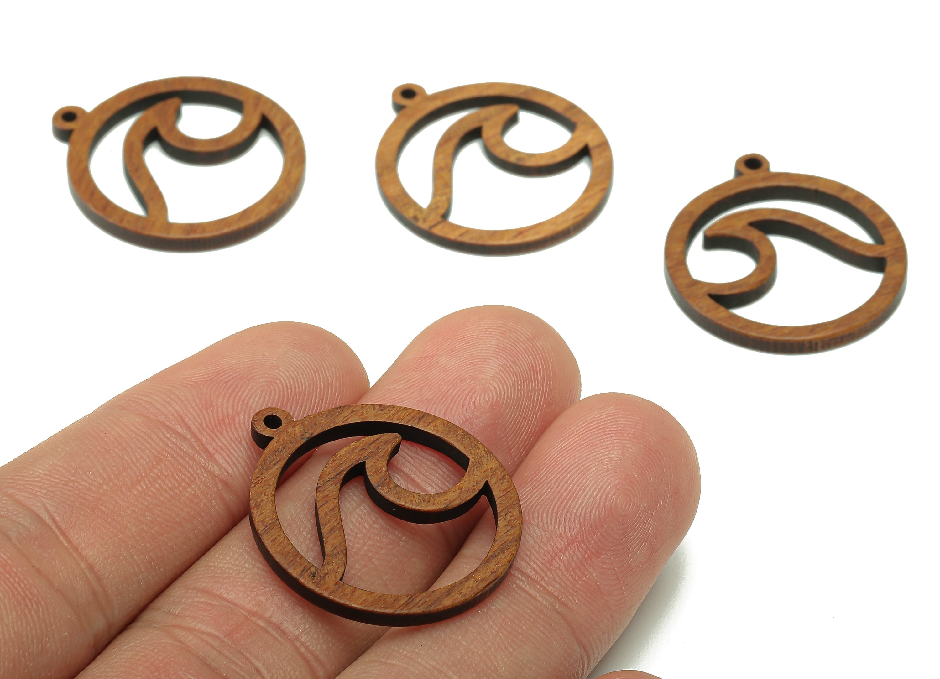 Mahogany Wood Wave Round Charm - Coffee Color Wavy Circle Earring - Hollow Pendant With Loop - For Necklace - 28.1x24.8x2mm - BB1301 - DOMEDBAZAAR