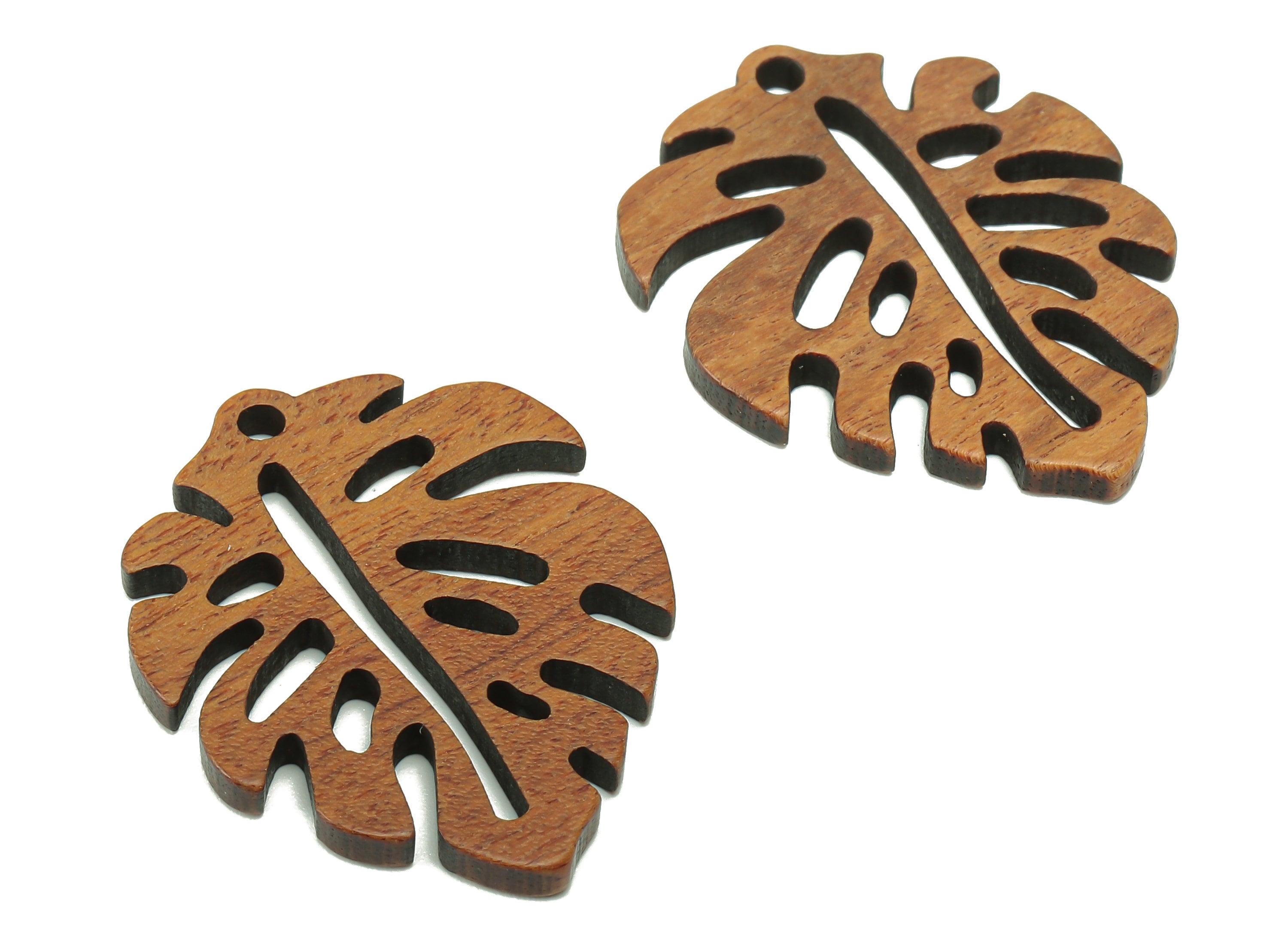 Mahogany Wood Monstera Leaf Charm - Coffee Color Leaves Earring - Hollow Pendant With Hole - For Necklace - 30.8x24.3x2.3mm - BB1305 - DOMEDBAZAAR