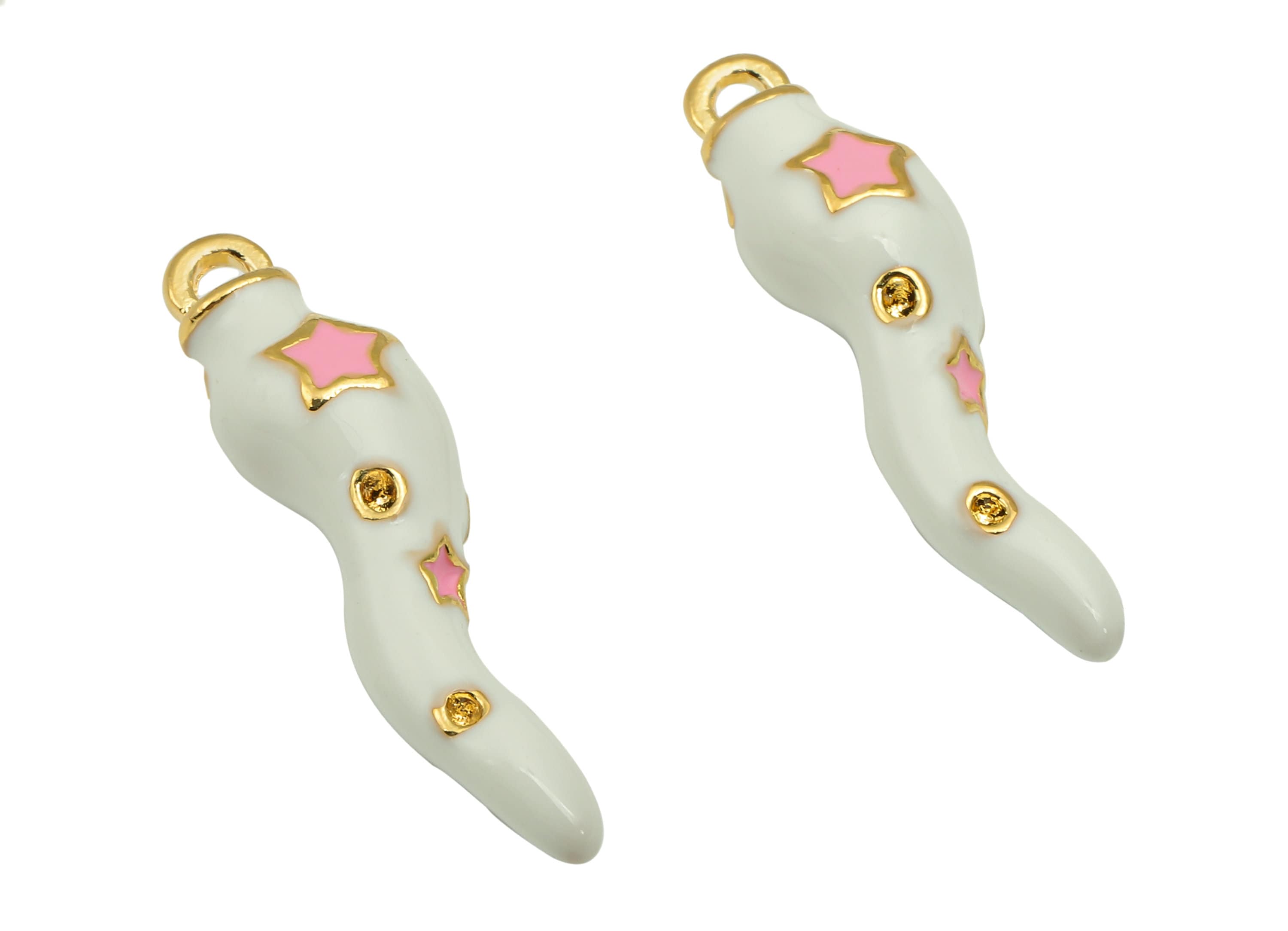 Brass Pink Star Chili Pendant - Thick White Enamel Vegetable Earring - Charm With Loop - 18K Real Gold Plating - 29.7x7.6x7.6mm - RGP5762 - DOMEDBAZAAR