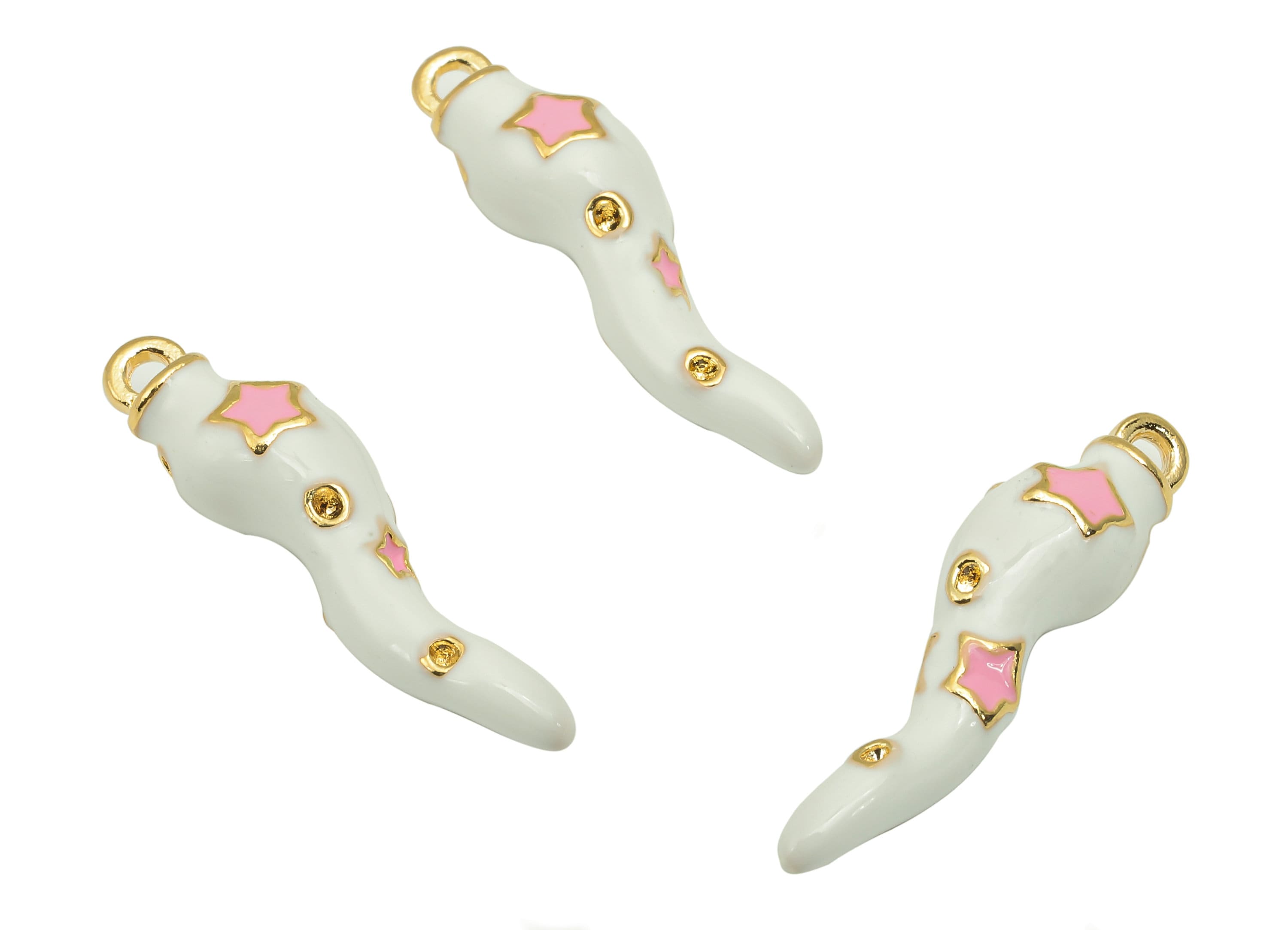Brass Pink Star Chili Pendant - Thick White Enamel Vegetable Earring - Charm With Loop - 18K Real Gold Plating - 29.7x7.6x7.6mm - RGP5762 - DOMEDBAZAAR