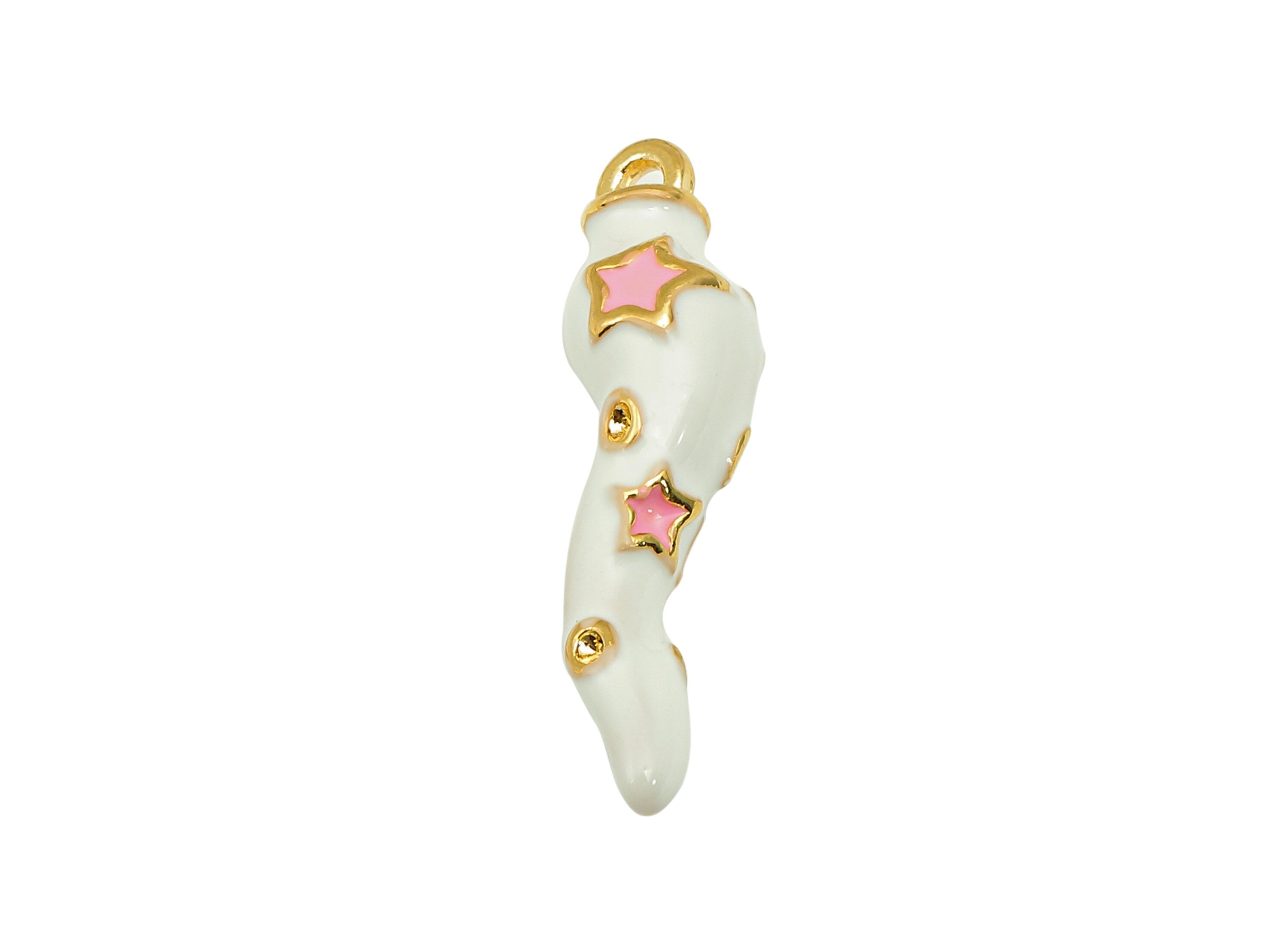 Brass Pink Star Chili Pendant - Thick White Enamel Vegetable Earring - Charm With Loop - 18K Real Gold Plating - 29.7x7.6x7.6mm - RGP5762 - DOMEDBAZAAR
