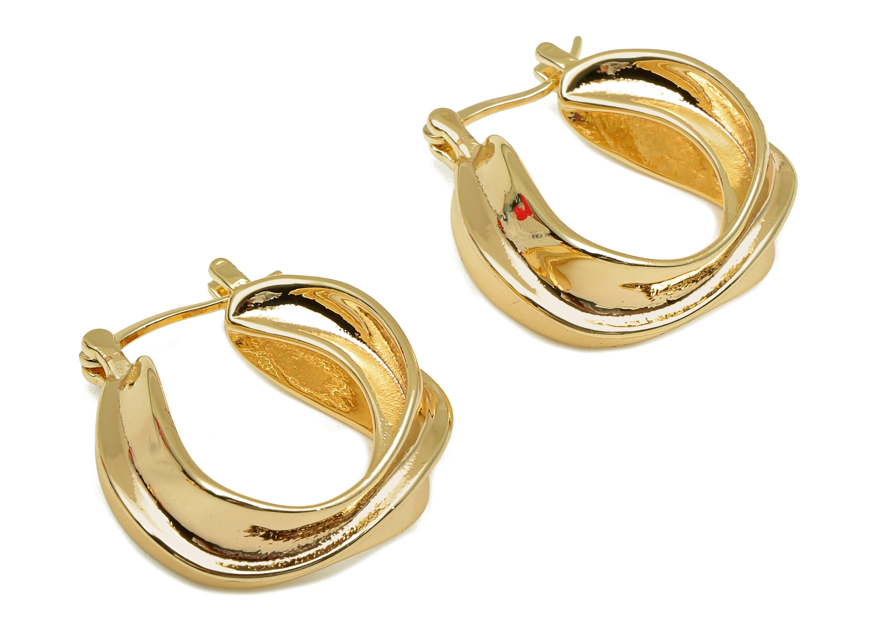 Brass Leaf Huggie Earrings Clasps - Gold Thick Leaf Earring Hoop - Huggie Hoop Clasp - 18K Real Gold Plating - 24.2x21.8x4.7mm - RGP5763 - DOMEDBAZAAR
