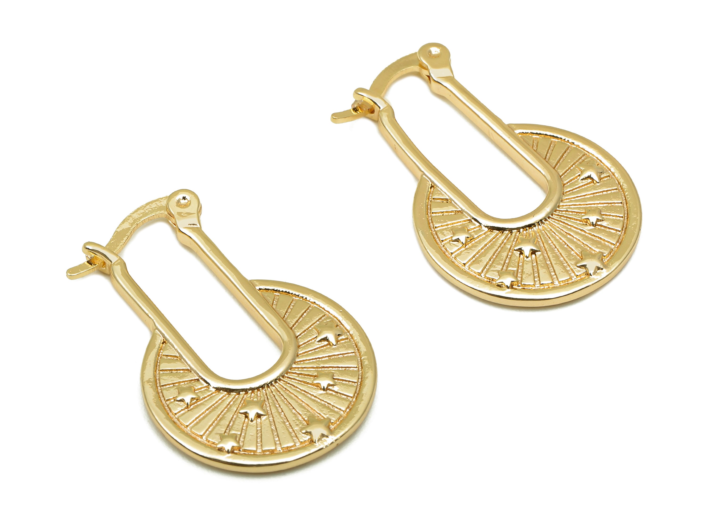 Brass Star Round Earring Clasp - Round Clasps Earring With Loop - Textured Circle Clasps - 18K Real Gold Plating - 26.5x17.4x2mm - RGP5768 - DOMEDBAZAAR