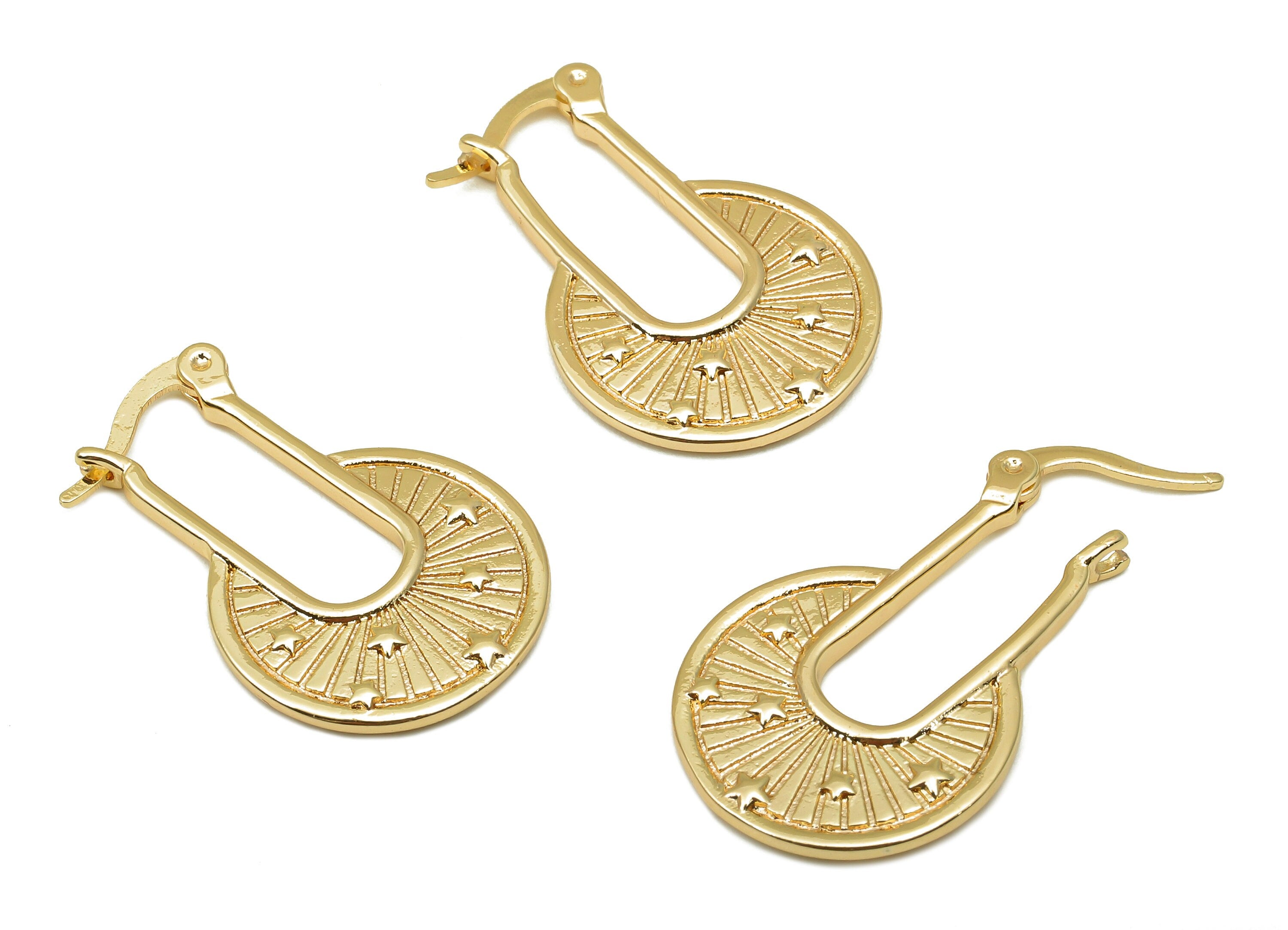 Brass Star Round Earring Clasp - Round Clasps Earring With Loop - Textured Circle Clasps - 18K Real Gold Plating - 26.5x17.4x2mm - RGP5768 - DOMEDBAZAAR