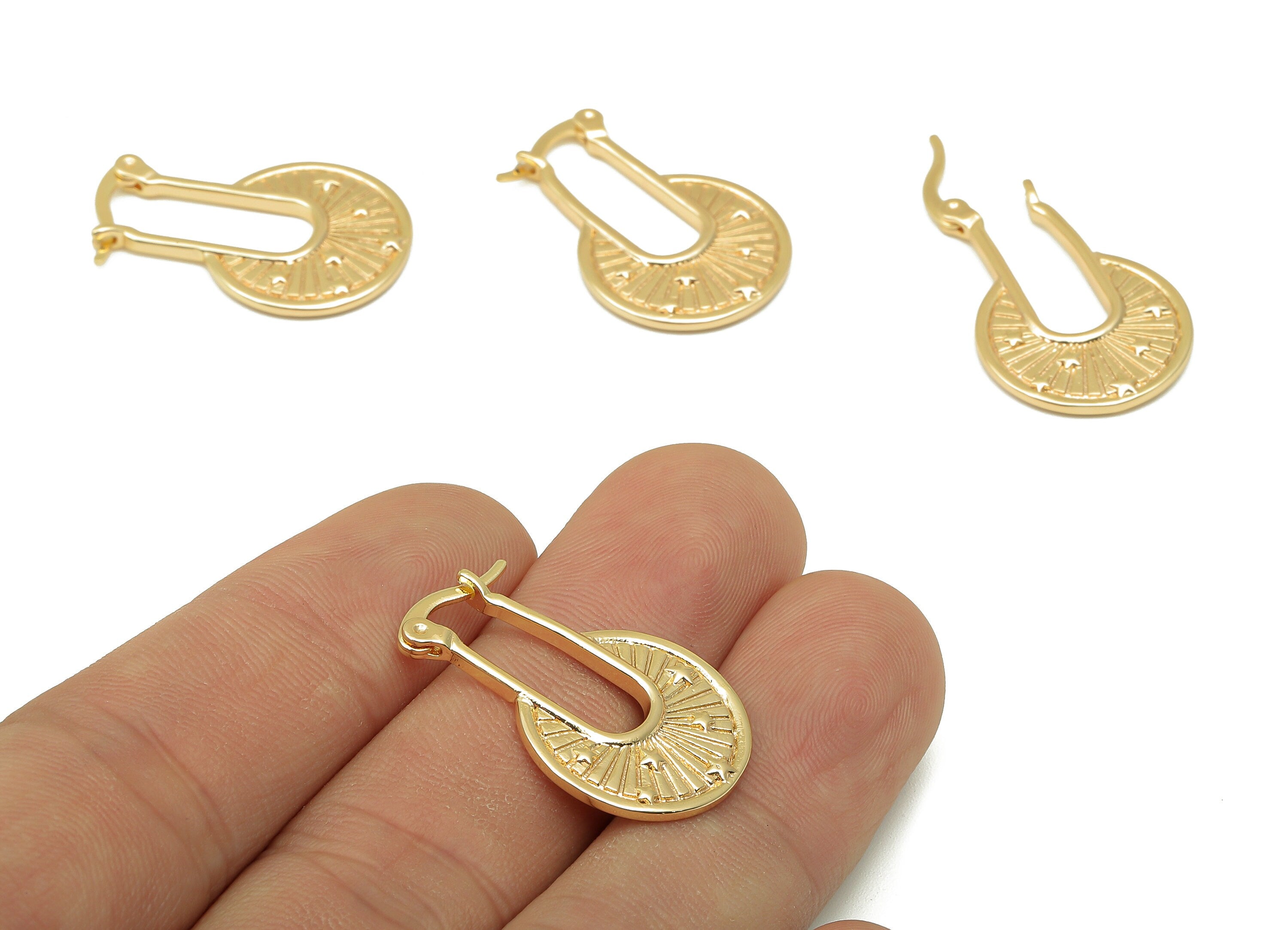 Brass Star Round Earring Clasp - Round Clasps Earring With Loop - Textured Circle Clasps - 18K Real Gold Plating - 26.5x17.4x2mm - RGP5768 - DOMEDBAZAAR