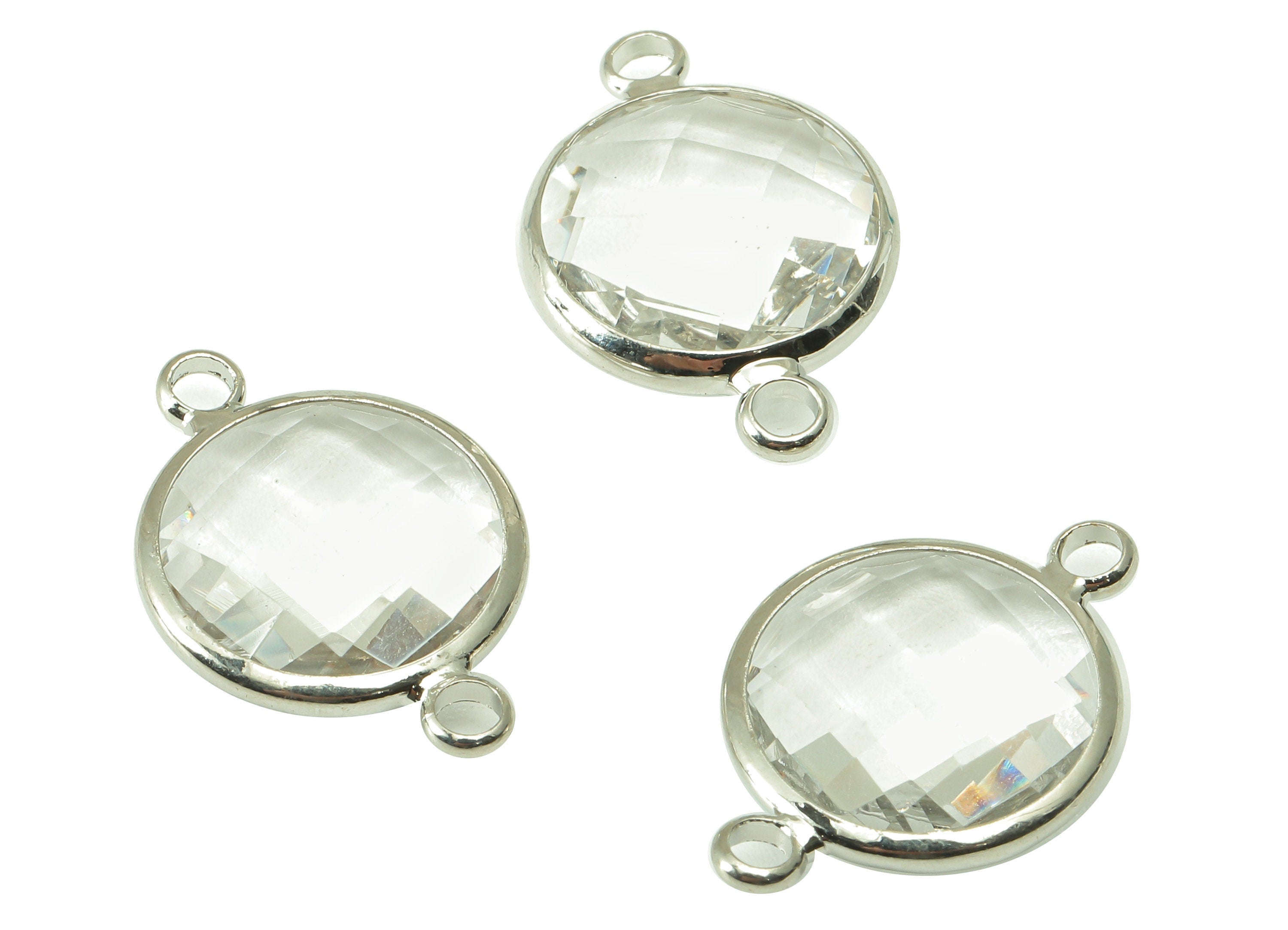 Brass Frame Circle Earring Connector - Faceted Glass Round Charm - Pendant With 2 Loops - Silver Tone Plated Brass - 18x14.8x5.5mm - GS1053S - DOMEDBAZAAR