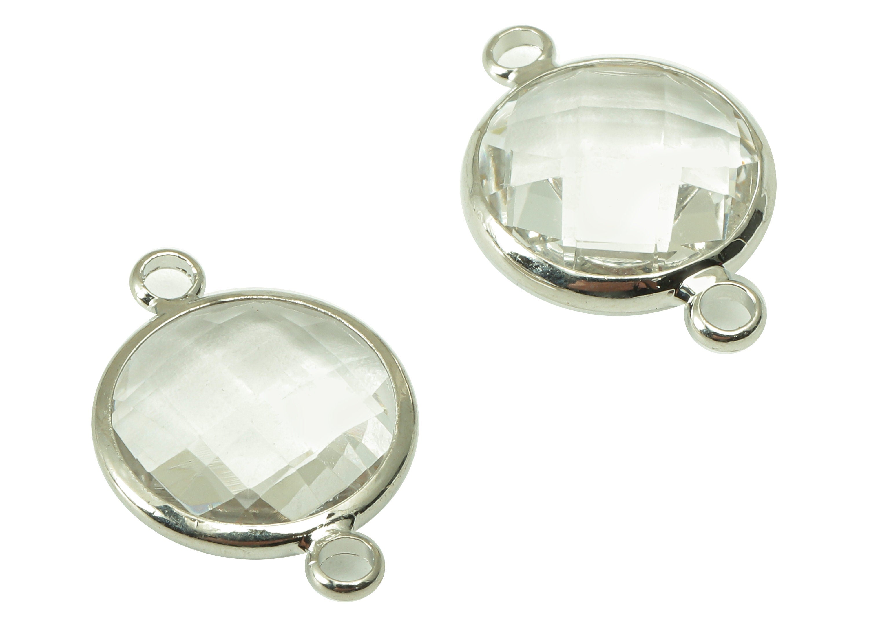 Brass Frame Circle Earring Connector - Faceted Glass Round Charm - Pendant With 2 Loops - Silver Tone Plated Brass - 18x14.8x5.5mm - GS1053S - DOMEDBAZAAR