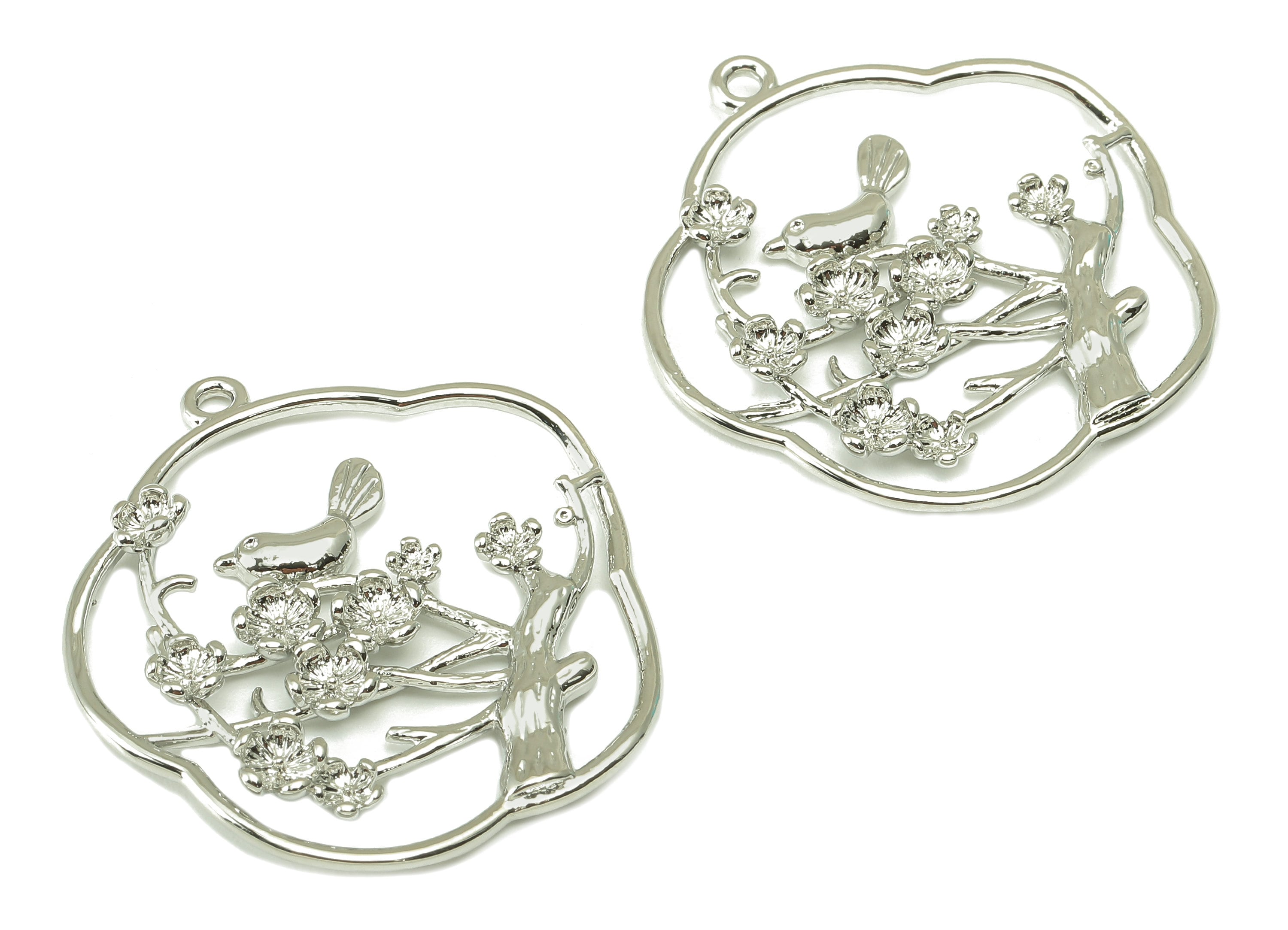 Brass Flower Landscape Charm - Bird Plum Blossom Earring - Tree Pendant With Loop - 18K Real White Gold Plating - 32.2x31.2x1.3mm - RGP2528S - DOMEDBAZAAR