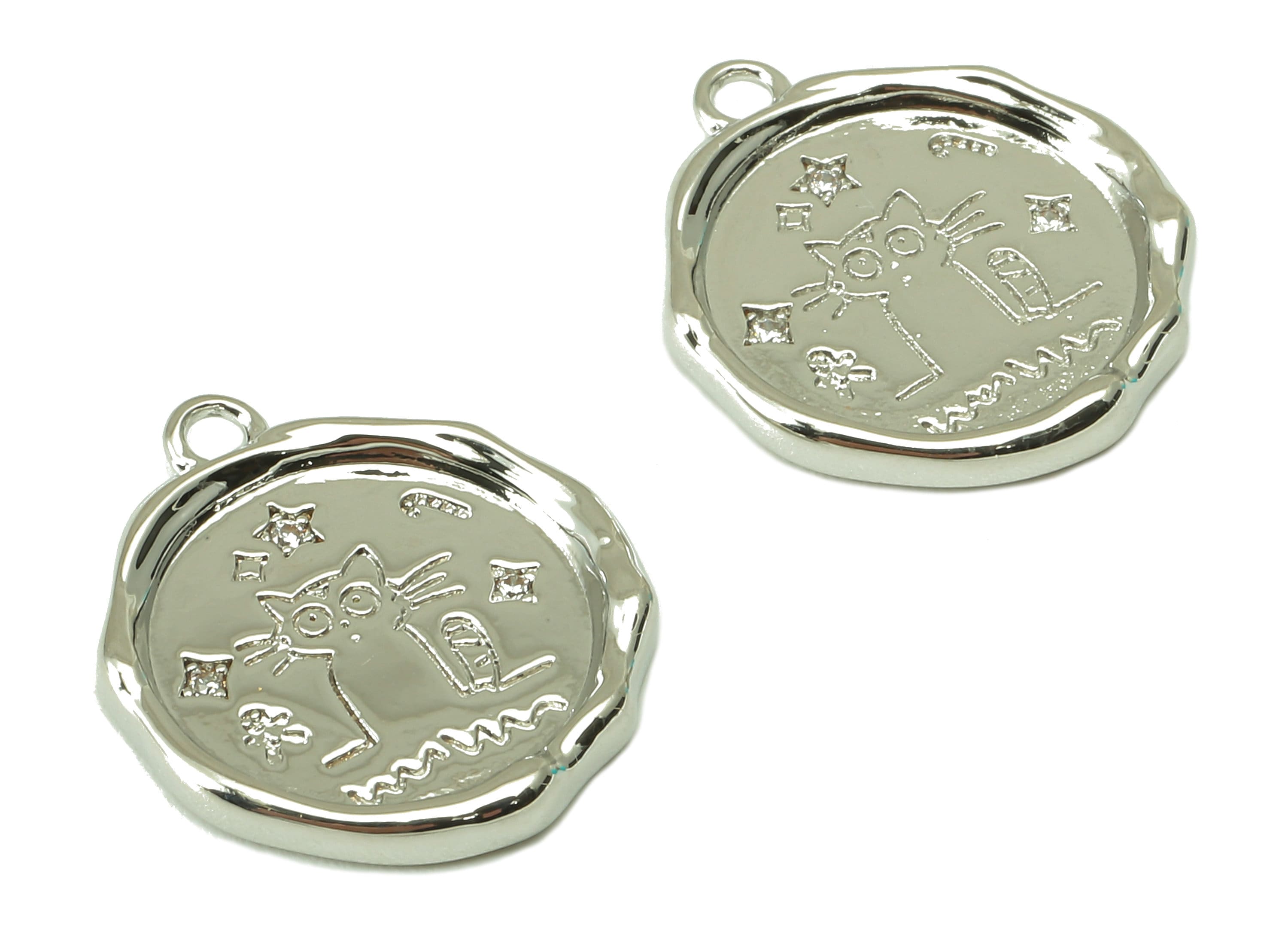 Brass Round Earring Charms - CZ Cat Star Circle Earring - Pendant With Loop - 18K Real White Gold Plated Brass - 17.5x15.2x2mm - RGP3984S - DOMEDBAZAAR
