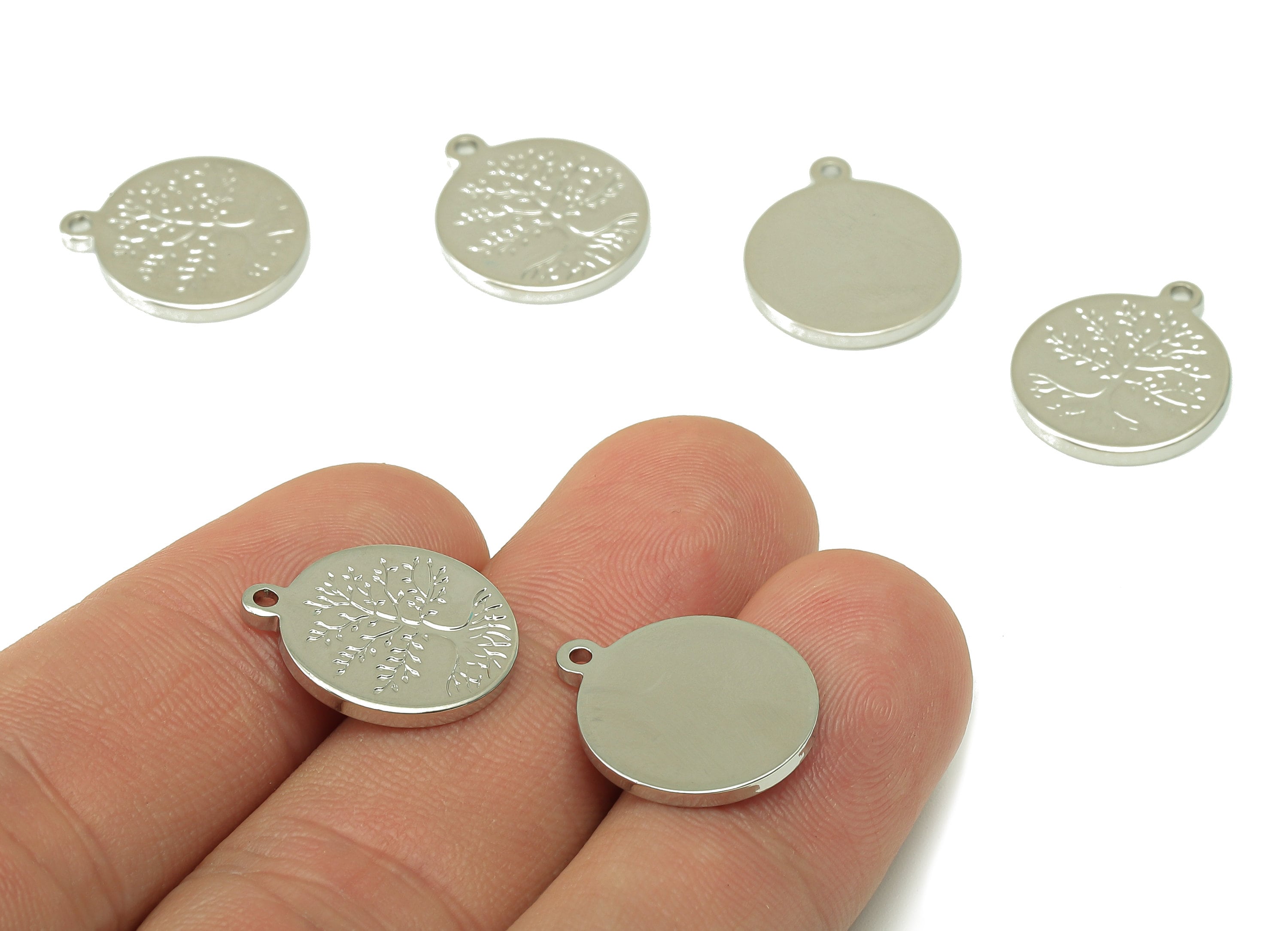 Brass Round Life Tree Charms - Circle Tree Root Earring - Pendant With Loop - 18K Real White Gold Plating - 17.5x15.1x1.6mm - RGP4204S - DOMEDBAZAAR