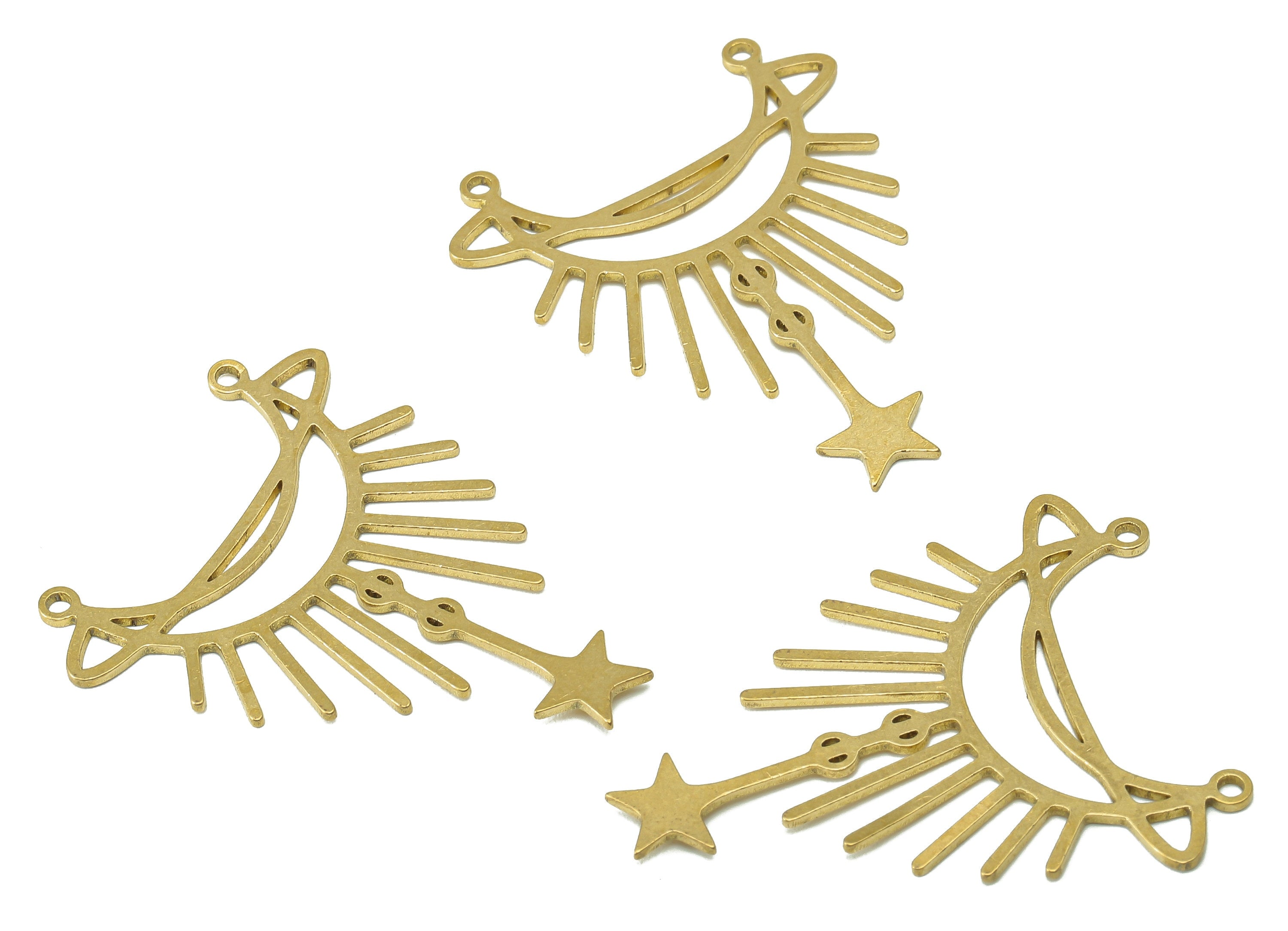 Brass Shine Crescent Earring Connector - Raw Brass Celestial Moon Earring - Star Pendant With Loop - For Necklace - 38.4x29.9x0.7mm -PPA6658 - DOMEDBAZAAR