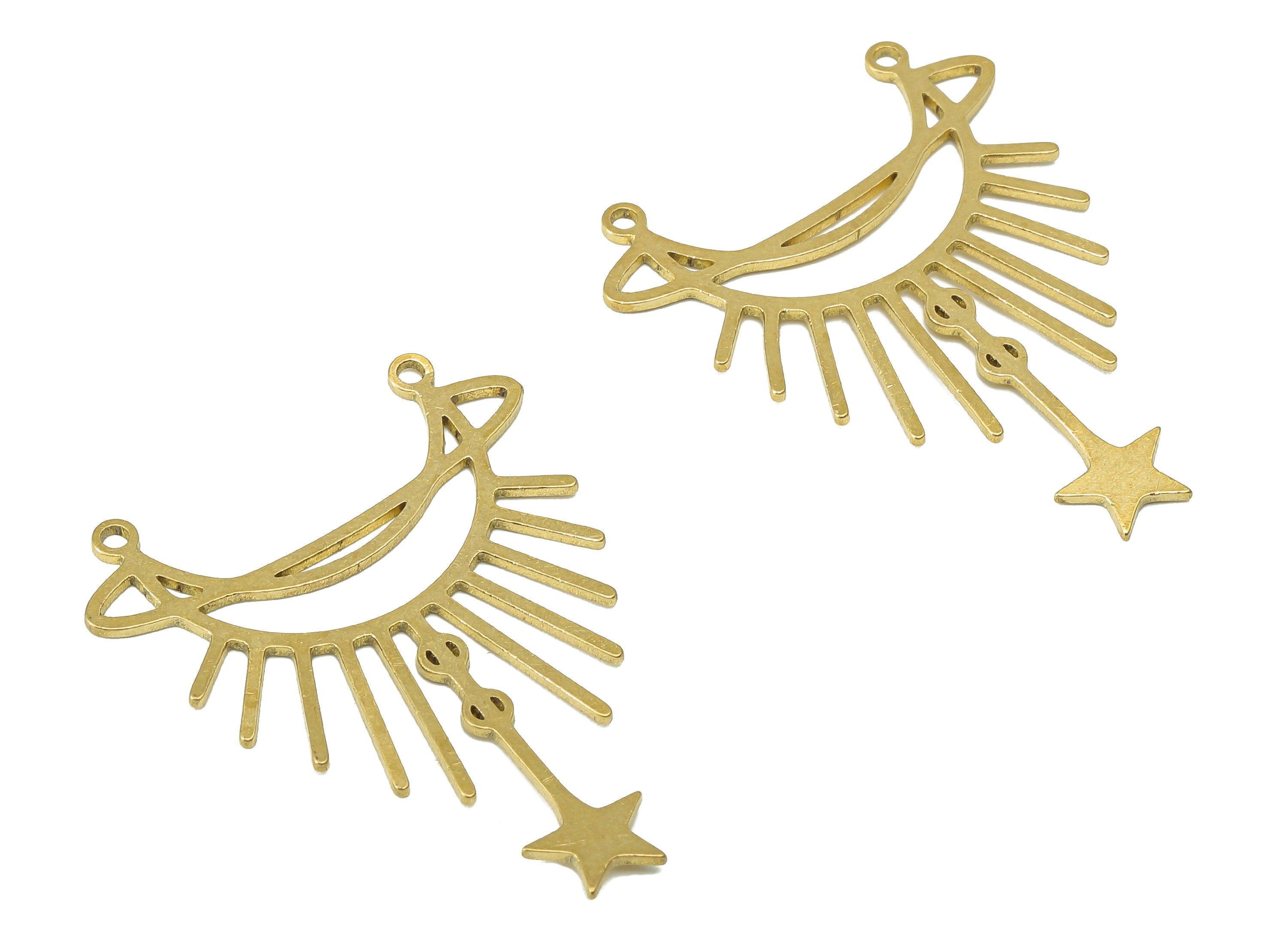 Brass Shine Crescent Earring Connector - Raw Brass Celestial Moon Earring - Star Pendant With Loop - For Necklace - 38.4x29.9x0.7mm -PPA6658 - DOMEDBAZAAR