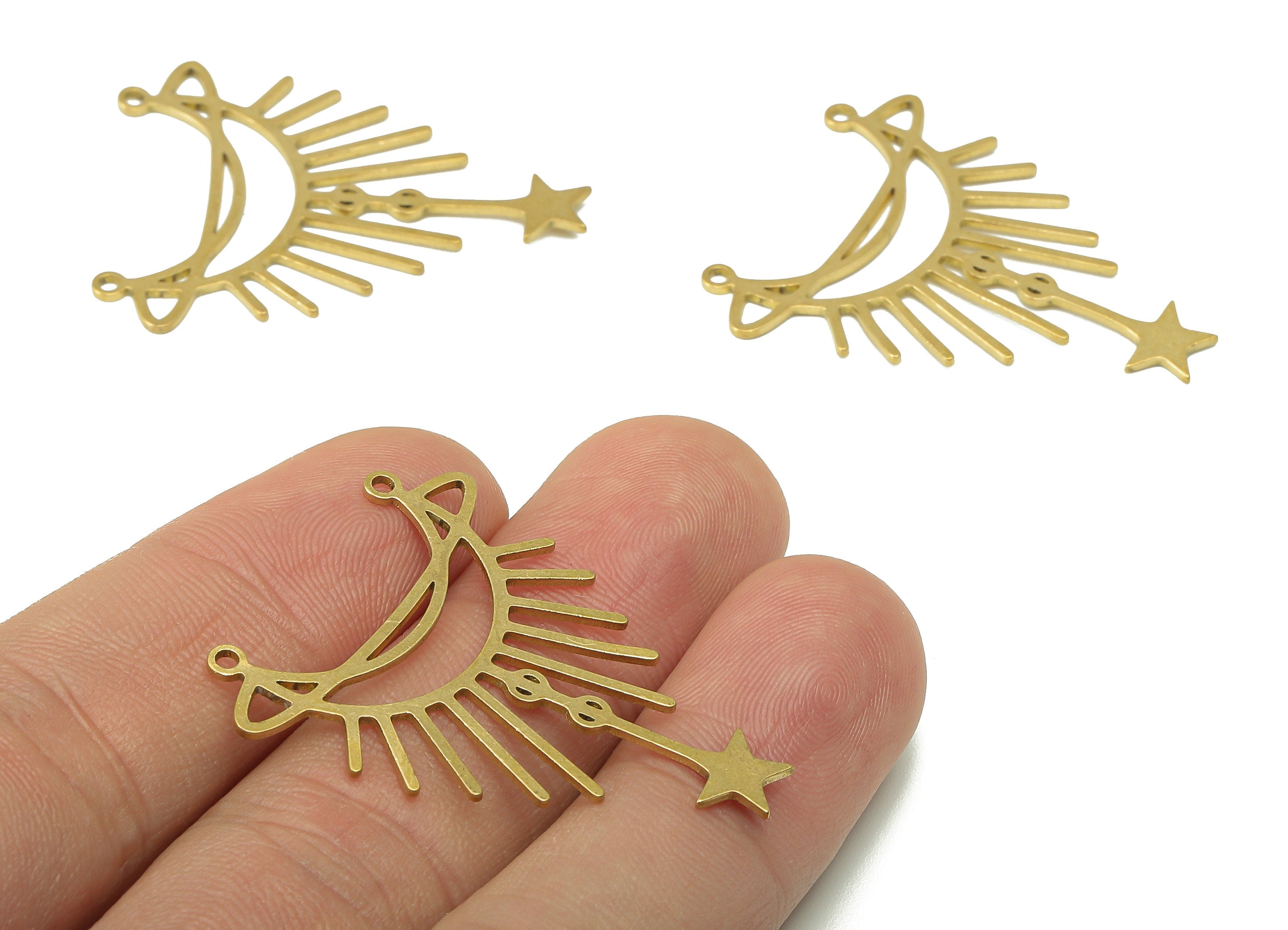 Brass Shine Crescent Earring Connector - Raw Brass Celestial Moon Earring - Star Pendant With Loop - For Necklace - 38.4x29.9x0.7mm -PPA6658 - DOMEDBAZAAR