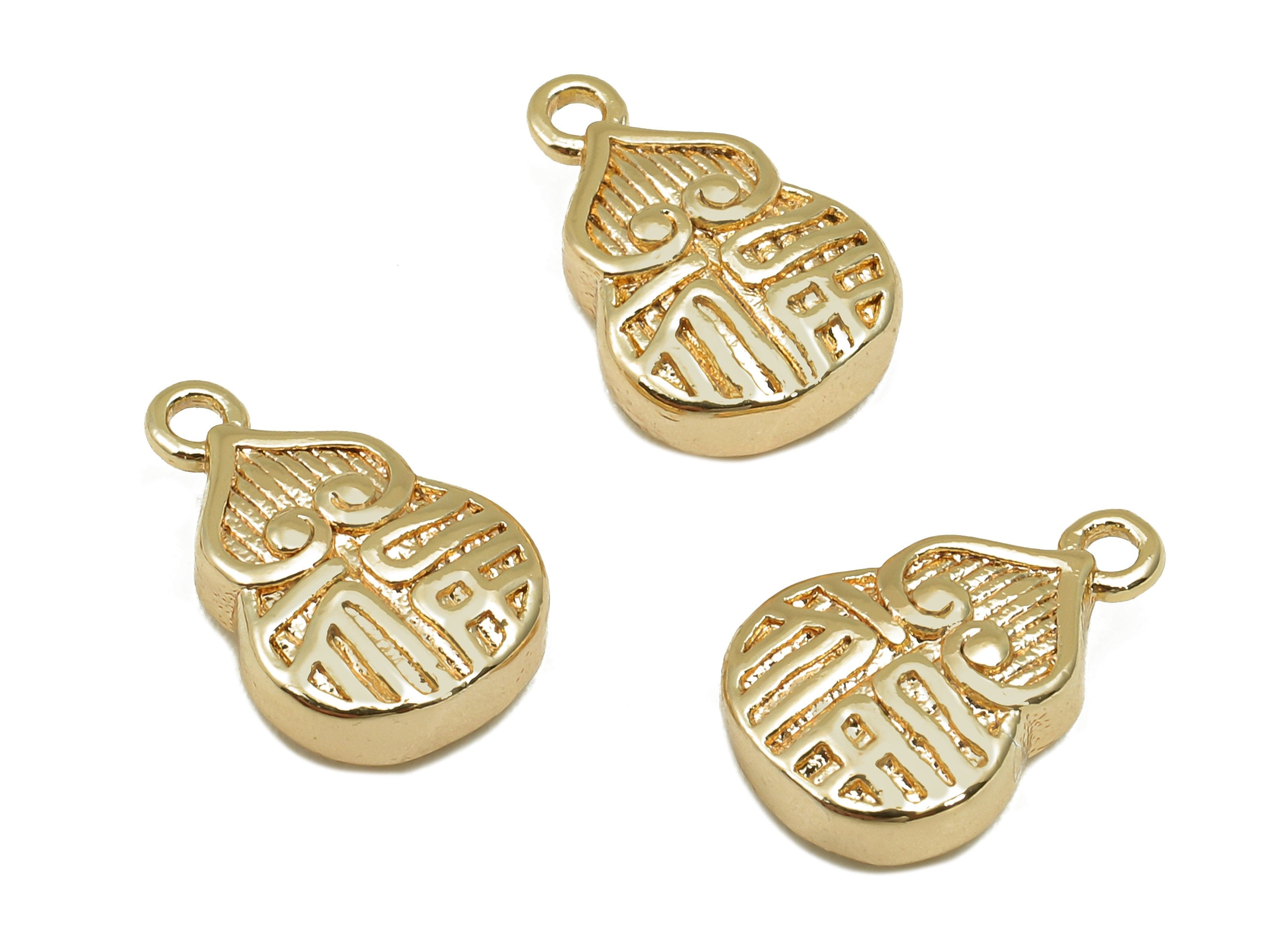 Brass Textured Mini Gourd Charm - Thick Gourd Word Earring - Necklace Pendant With Loop - 18K Real Gold Plating - 12.8x8.5x3.5mm - RGP5779 - DOMEDBAZAAR