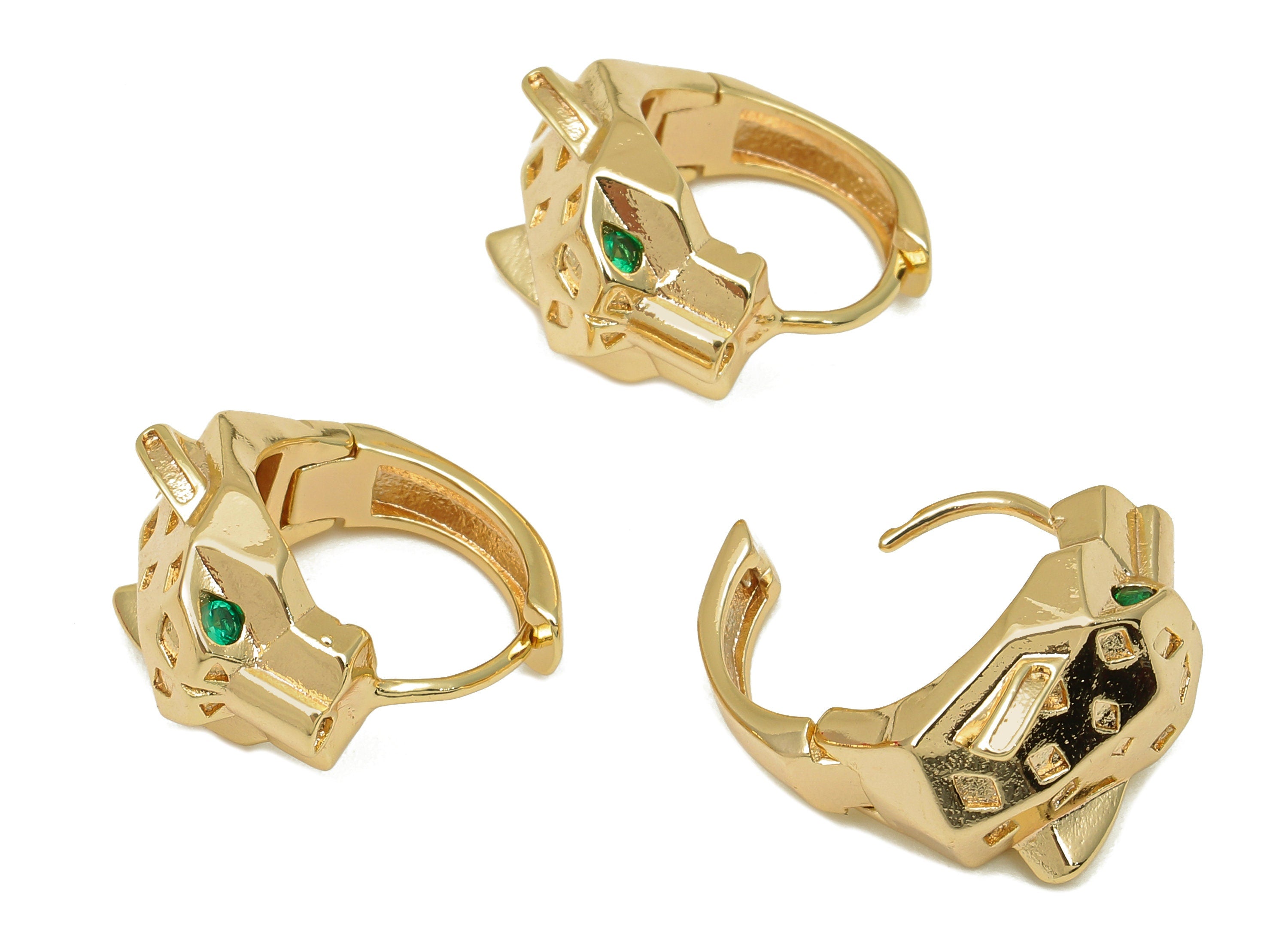 Brass Leopard Head Earring Clasp - Round Hoop Clasp With Zircon - Wide Huggie Hoop Earrings - 18K Real Gold Plating -18.3x16.9x1.9mm-RGP5787 - DOMEDBAZAAR
