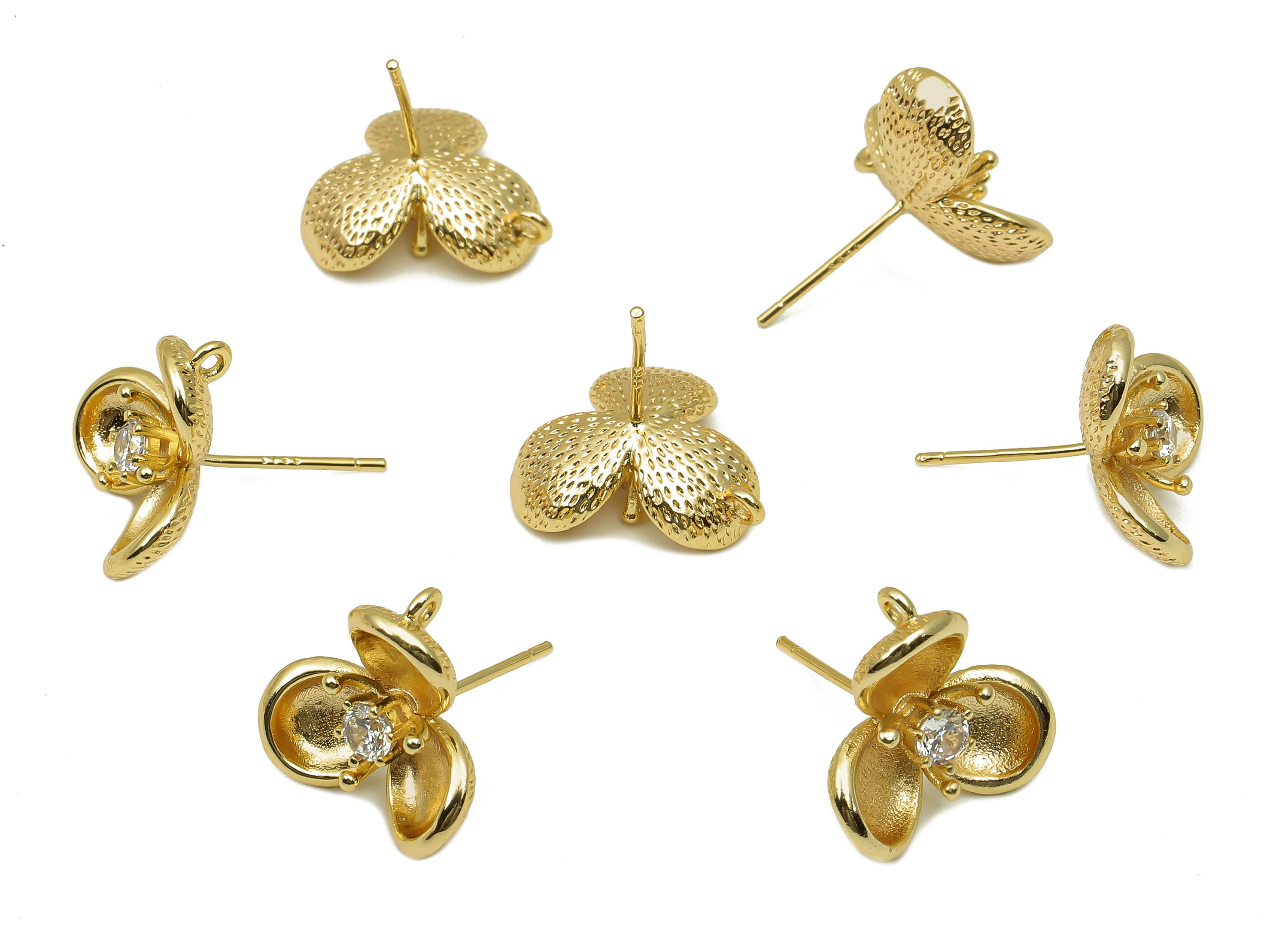 Brass Flower Earring Post With Zircon - Gold Stud Earring With Loop - 18K Real Gold Plating - 925 Silver Stud - 15.4x14.5x2.1mm - RGP5788 - DOMEDBAZAAR