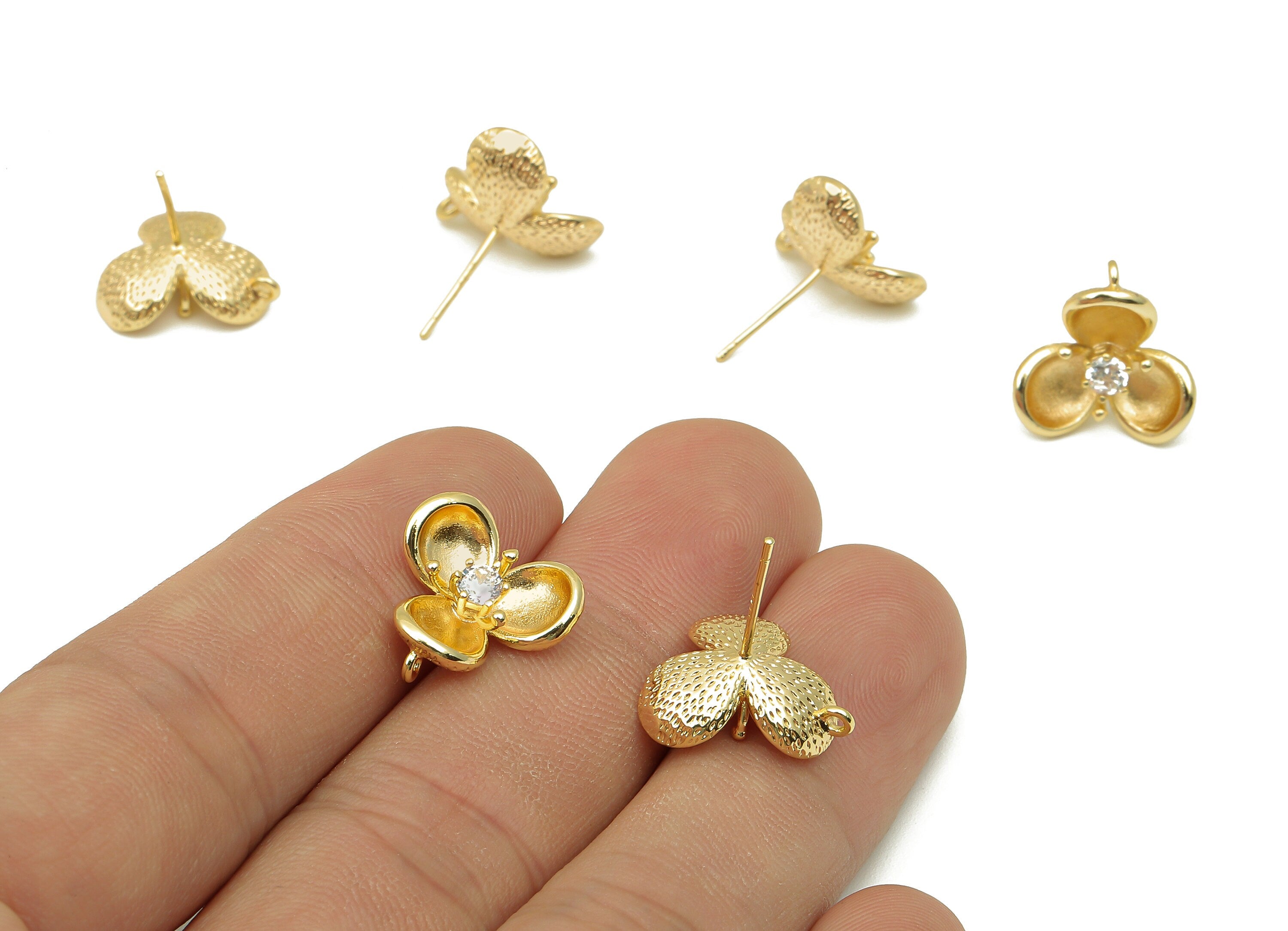 Brass Flower Earring Post With Zircon - Gold Stud Earring With Loop - 18K Real Gold Plating - 925 Silver Stud - 15.4x14.5x2.1mm - RGP5788 - DOMEDBAZAAR