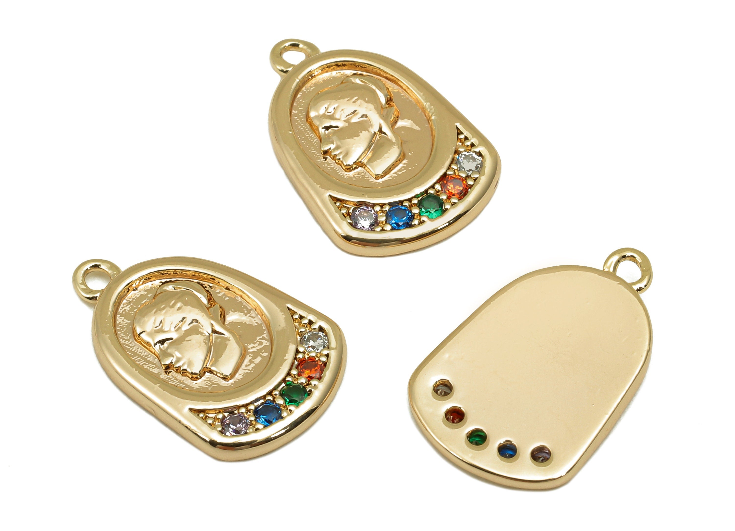 Brass Relief Portrait Oval Earring - Rainbow Zircon Girl Textured Charm - Pendant With Loop - 18K Real Gold Plating - 17.2x11x1.9mm -RGP5789 - DOMEDBAZAAR