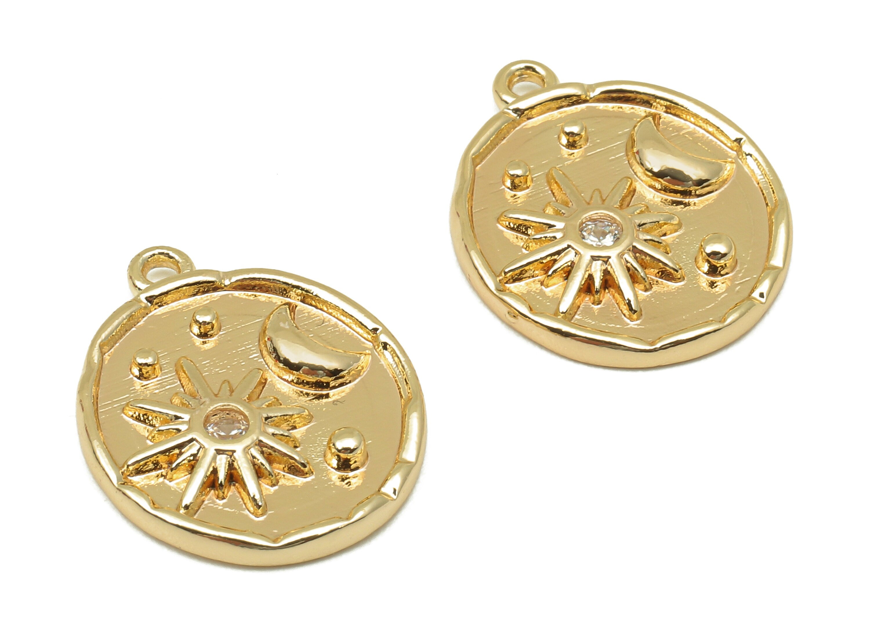 Brass Round Crescent Charm - Zircon Circle Star Earrings - Necklace Pendant With Loop - 18K Real Gold Plating - 17.4x14.2x2.3mm - RGP5790 - DOMEDBAZAAR