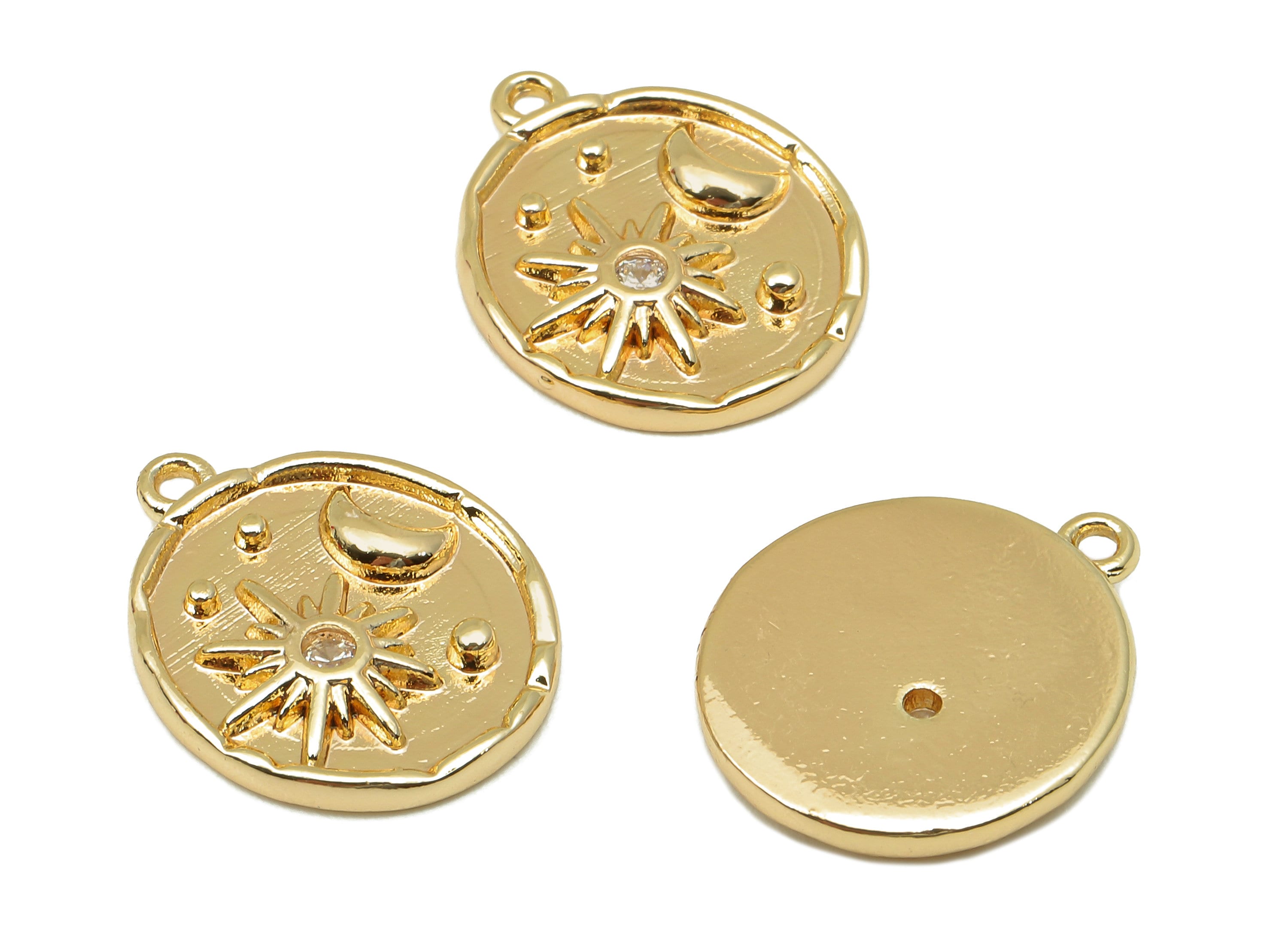 Brass Round Crescent Charm - Zircon Circle Star Earrings - Necklace Pendant With Loop - 18K Real Gold Plating - 17.4x14.2x2.3mm - RGP5790 - DOMEDBAZAAR