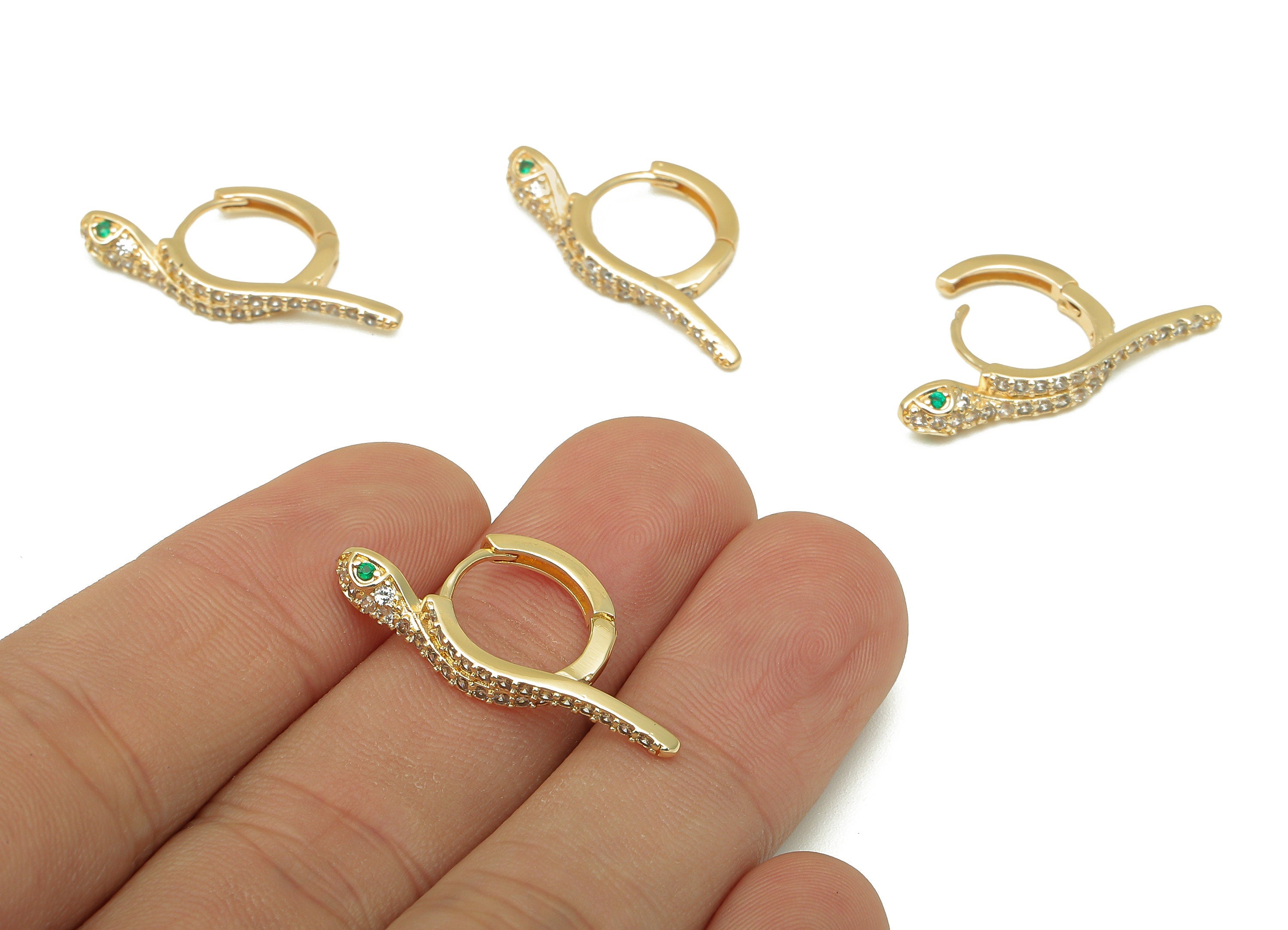 Brass Round Snake Earring Clasp - Gold Hoop Clasp With Zircon - Circle Huggie Clasps - 18K Real Gold Plating - 28.4x14.6x3.4mm - RGP5794 - DOMEDBAZAAR