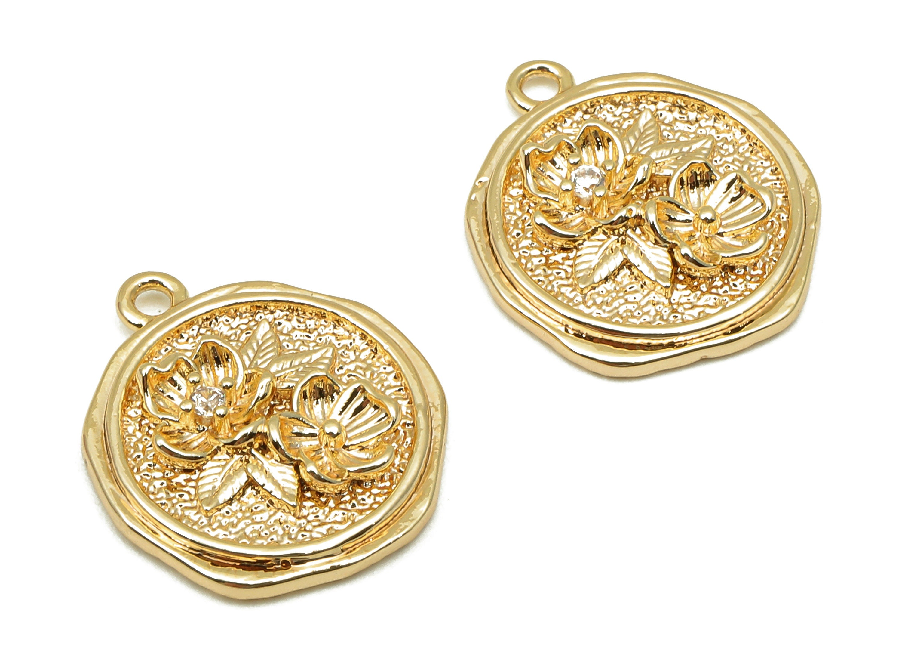 Brass Textured Round Flower Charm - Zircon Circle Flower Earrings - Pendant With Loop - 18K Real Gold Plating - 17.4x14.9x3mm - RGP5797 - DOMEDBAZAAR