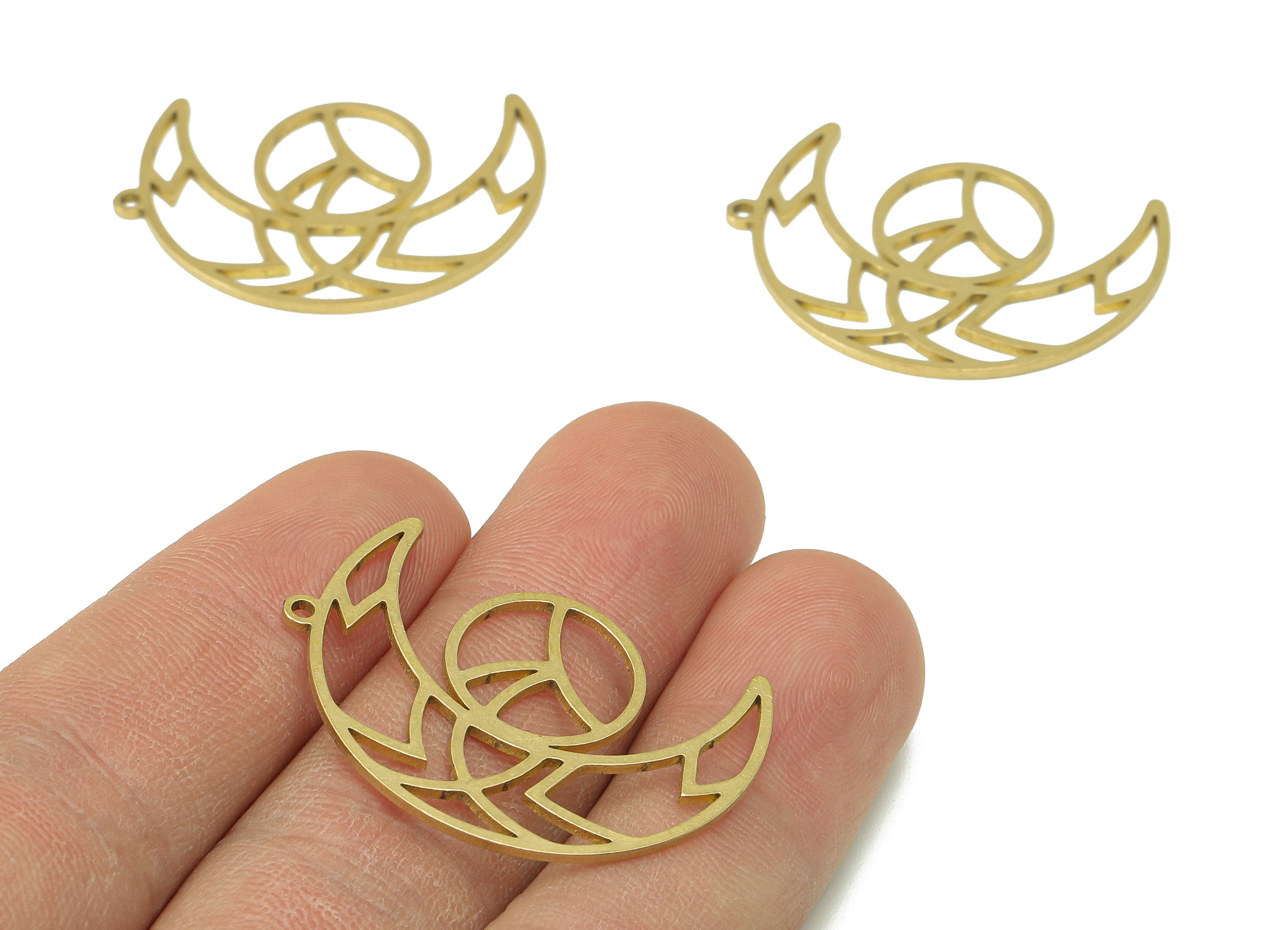 Brass Round Crescent Earring Charm - Raw Brass Ball Moon Earring - Hollow Pendant With Loop - Charm For Necklace - 34x24.5x0.9mm - PPA7169 - DOMEDBAZAAR