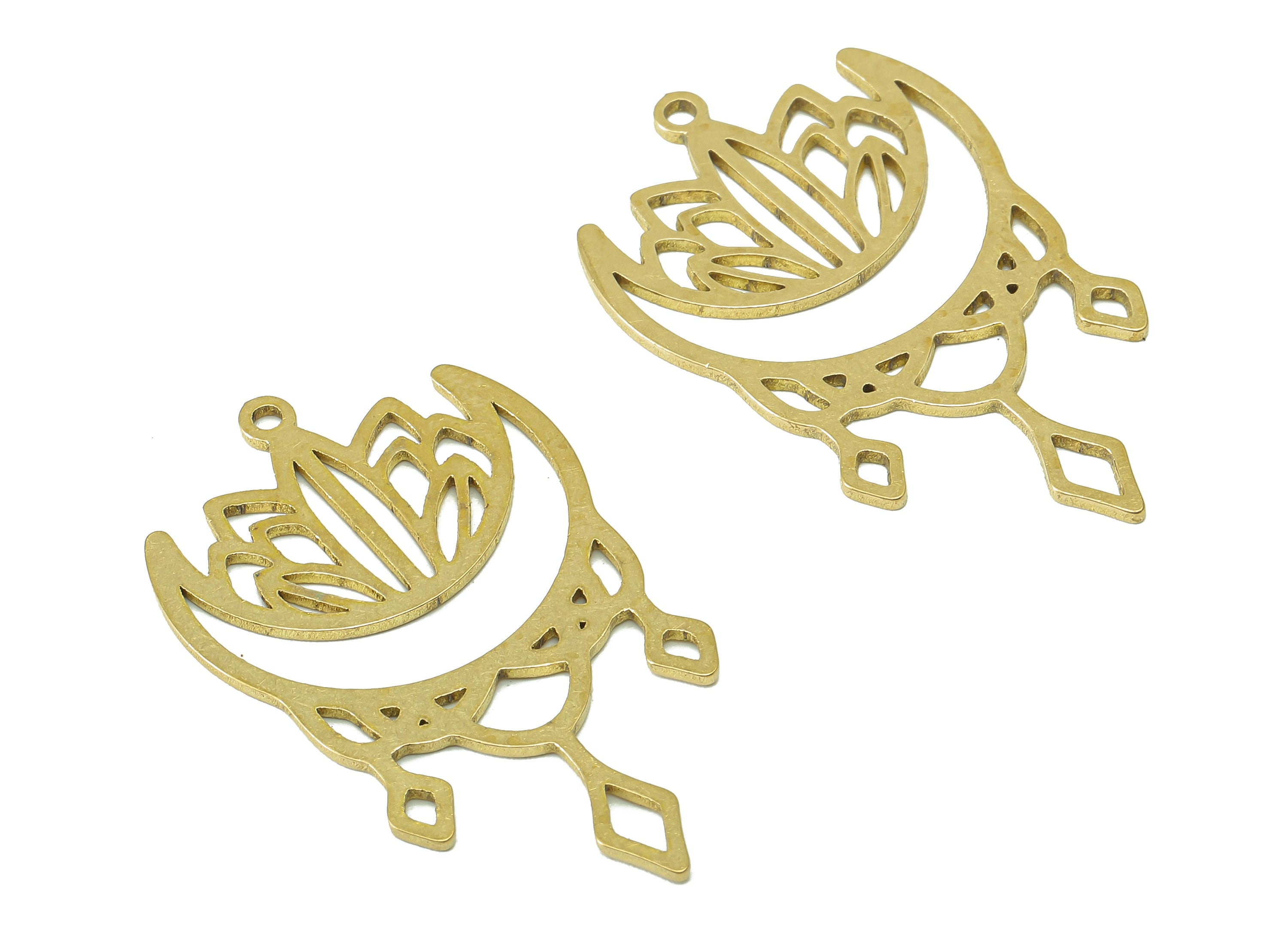 Brass Flower Crescent Earring Charm - Raw Brass Rhombus Moon Earring - Pendant With Loop - Charm For Necklace - 35.9x21.8x0.9mm - PPA7177 - DOMEDBAZAAR