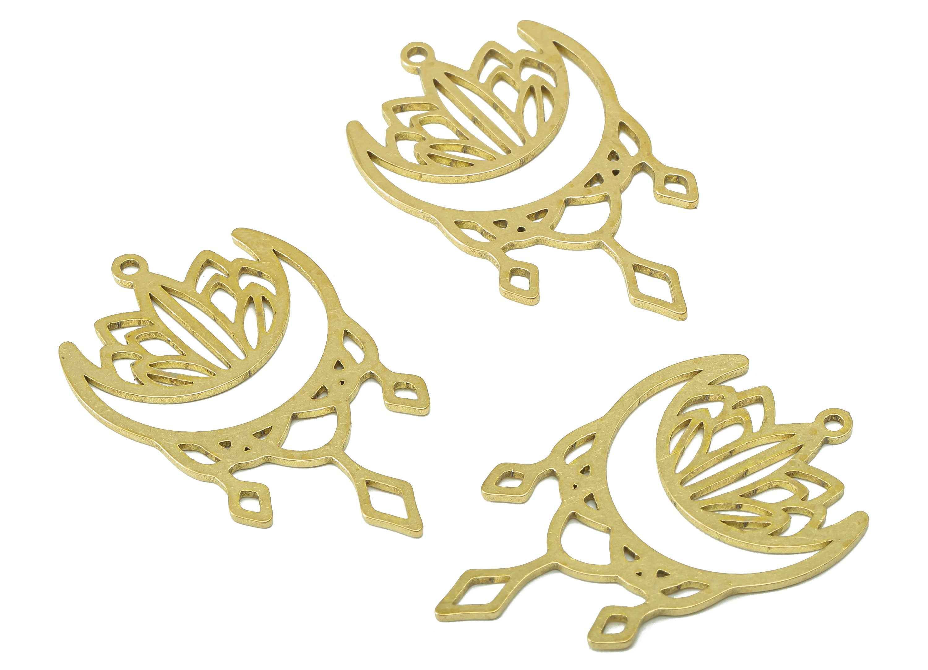 Brass Flower Crescent Earring Charm - Raw Brass Rhombus Moon Earring - Pendant With Loop - Charm For Necklace - 35.9x21.8x0.9mm - PPA7177 - DOMEDBAZAAR