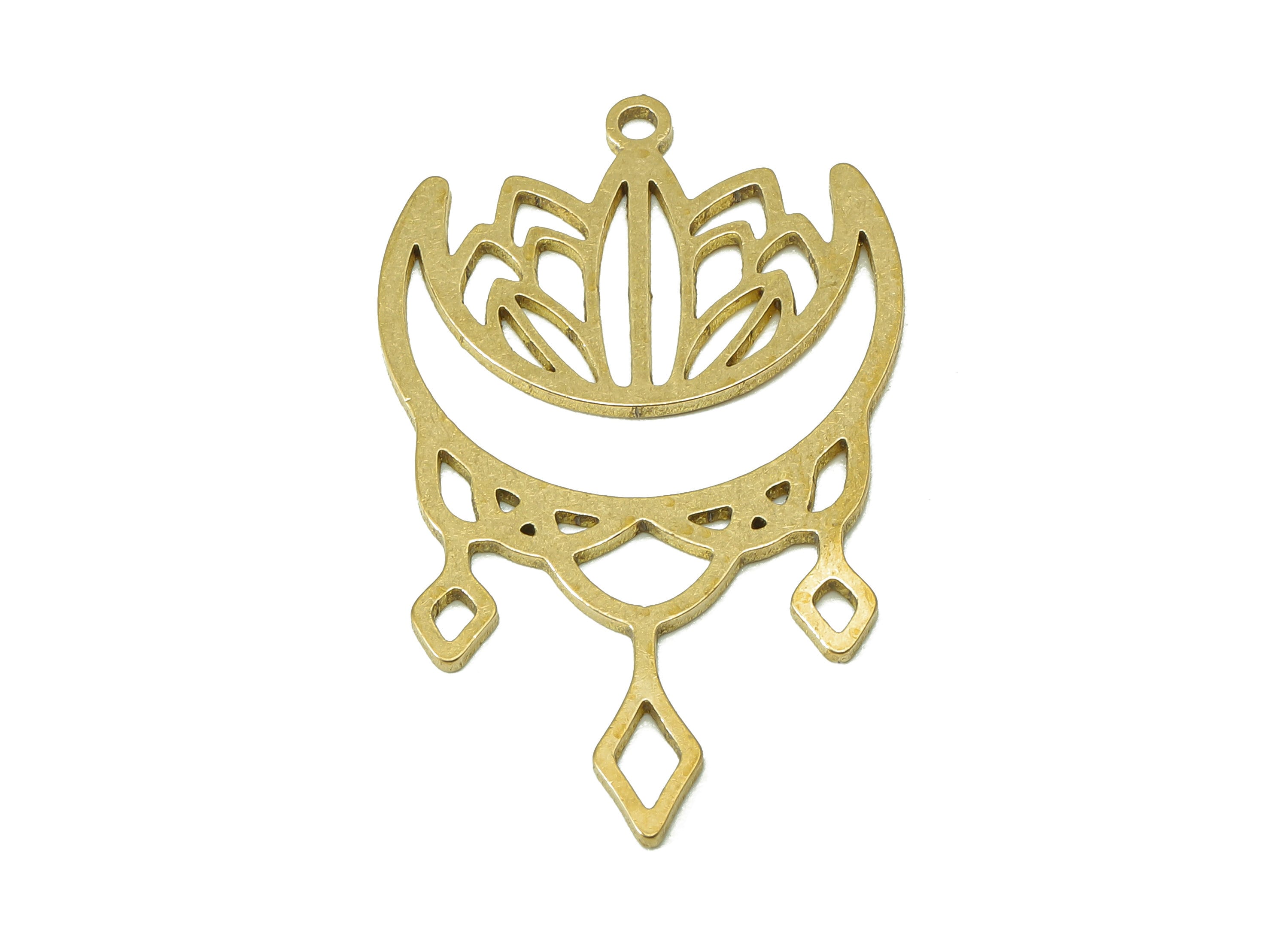 Brass Flower Crescent Earring Charm - Raw Brass Rhombus Moon Earring - Pendant With Loop - Charm For Necklace - 35.9x21.8x0.9mm - PPA7177 - DOMEDBAZAAR